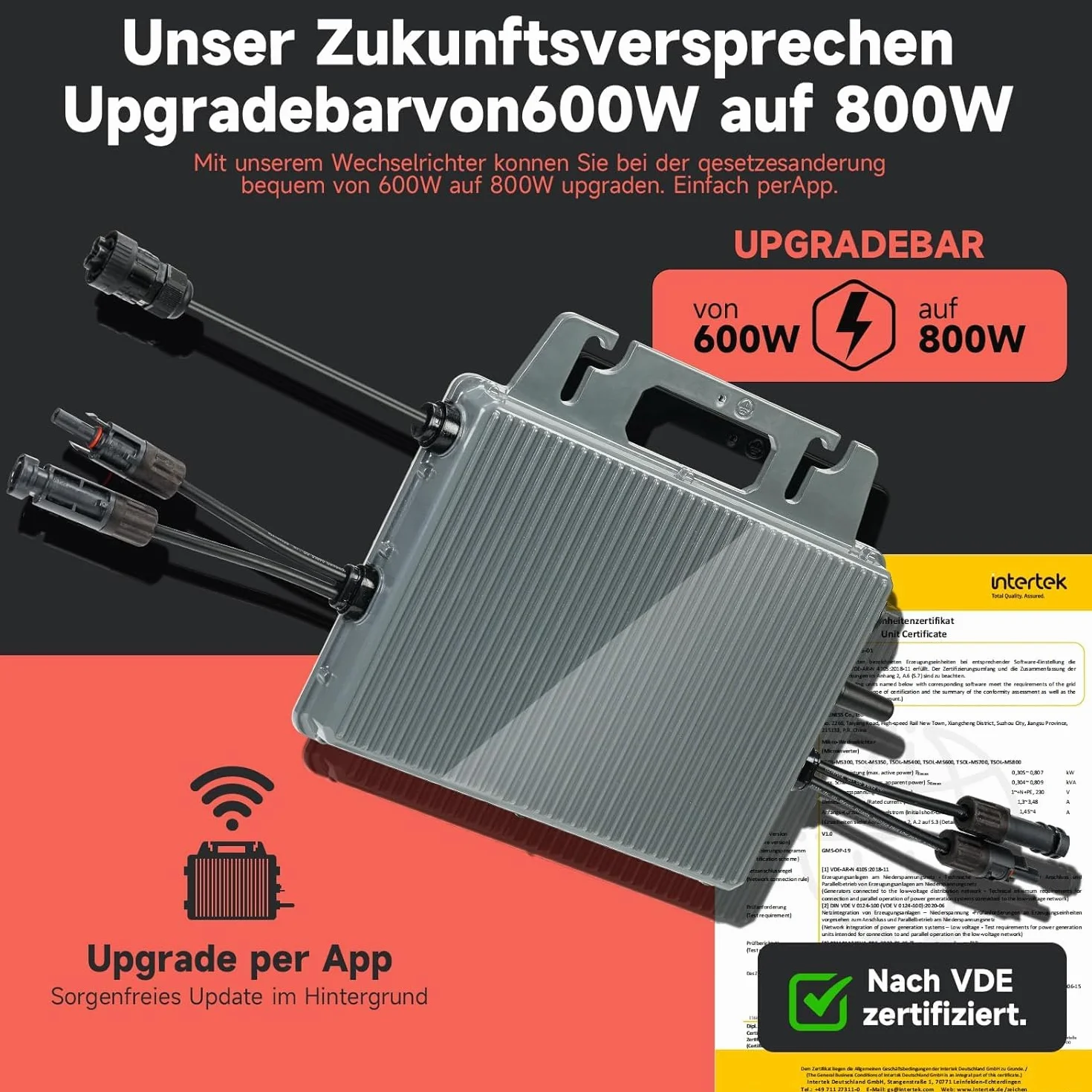 Inversor de corriente de 800 W, 2 módulos, inversor de 800 W/600 W ajustable, inversor de balcón con aplicación WiFi, inversor de 800 W para 2 módulos solares, máxima eficiencia de hasta 96,7%, IP67.