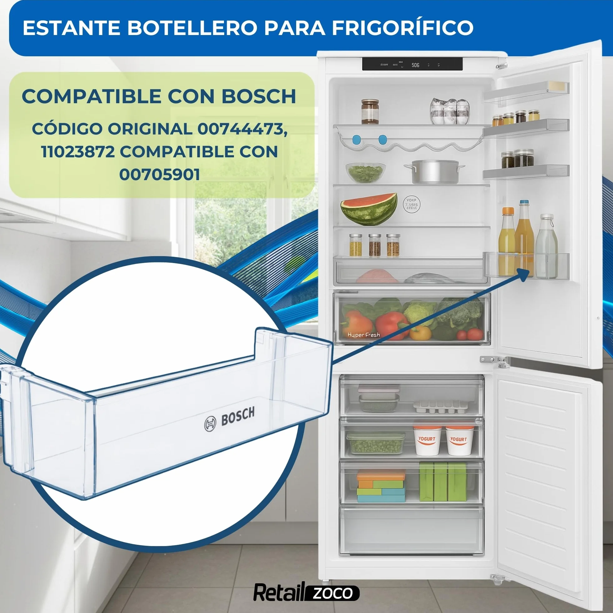 Estante Botellero Frigorífico compatible con Bosch, 442 x 124,9 x 100 mm