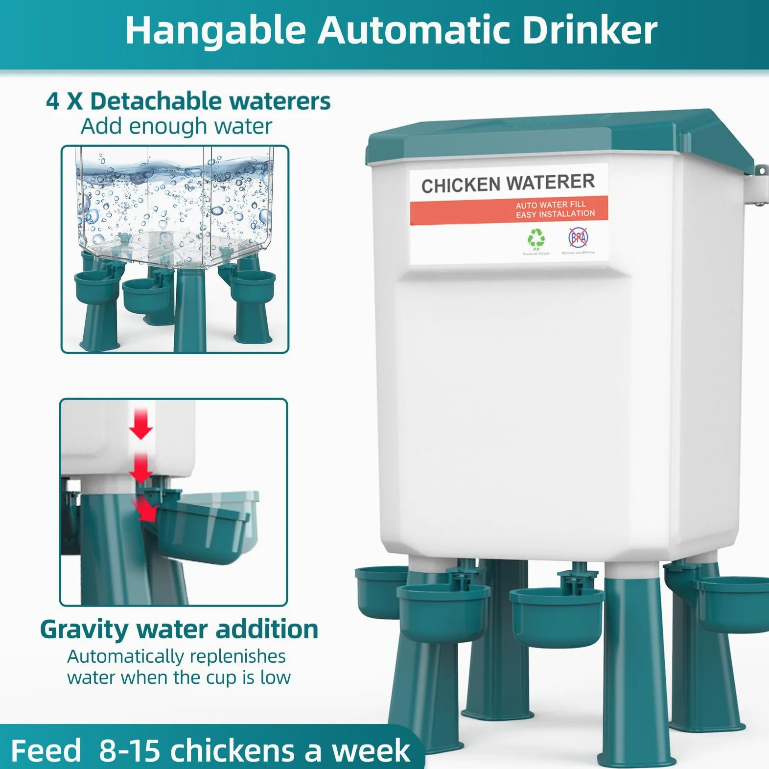 Juego de comedero de pollo de 12 kg y bebedero de 11 litros, comederos y bebederos de pollo, comederos de pollo sin desperdicios, comedero para aves de corral al aire libre con patas desmontables