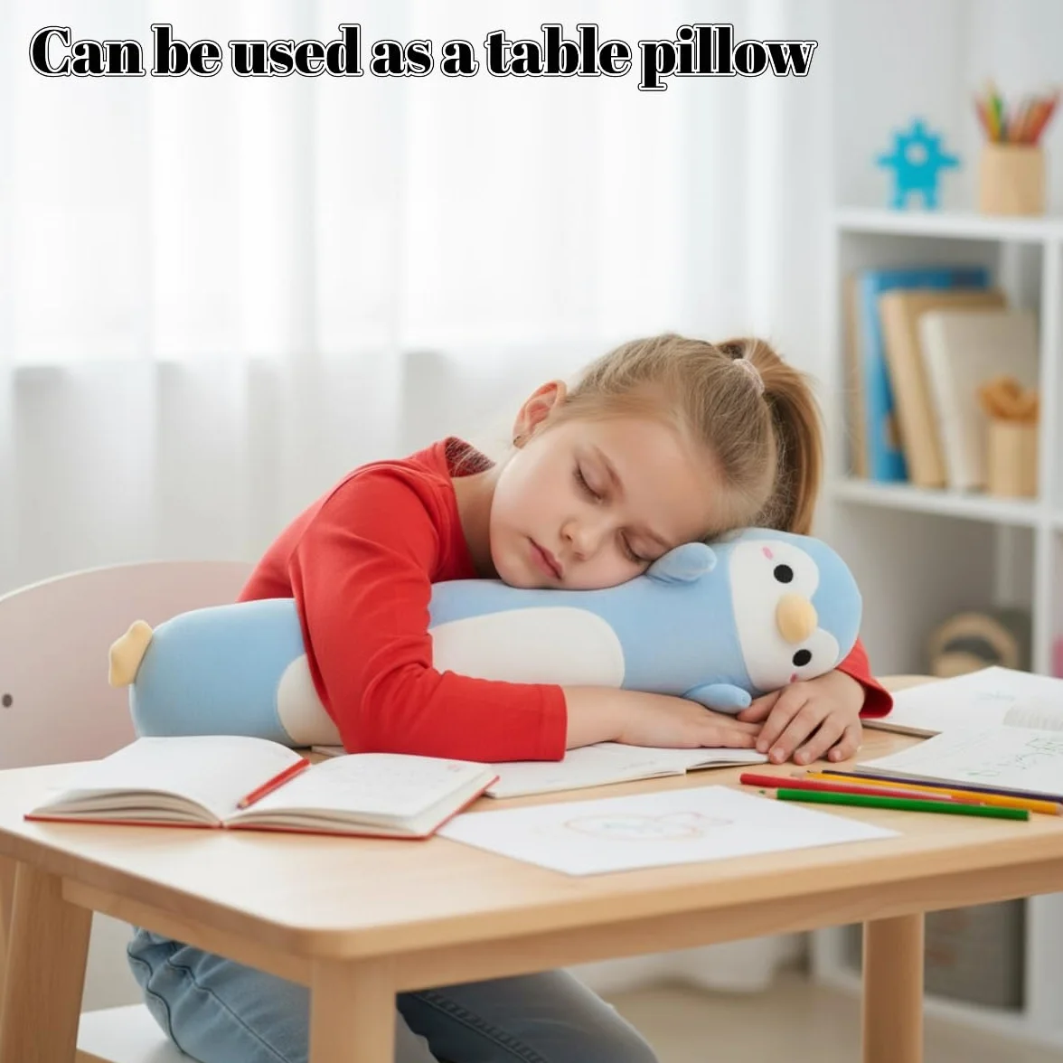 Peluche Largo de Pingüino Almohada Abrazable Suave Cojín Corporal 60cm Regalo Niños Niñas Azul Claro