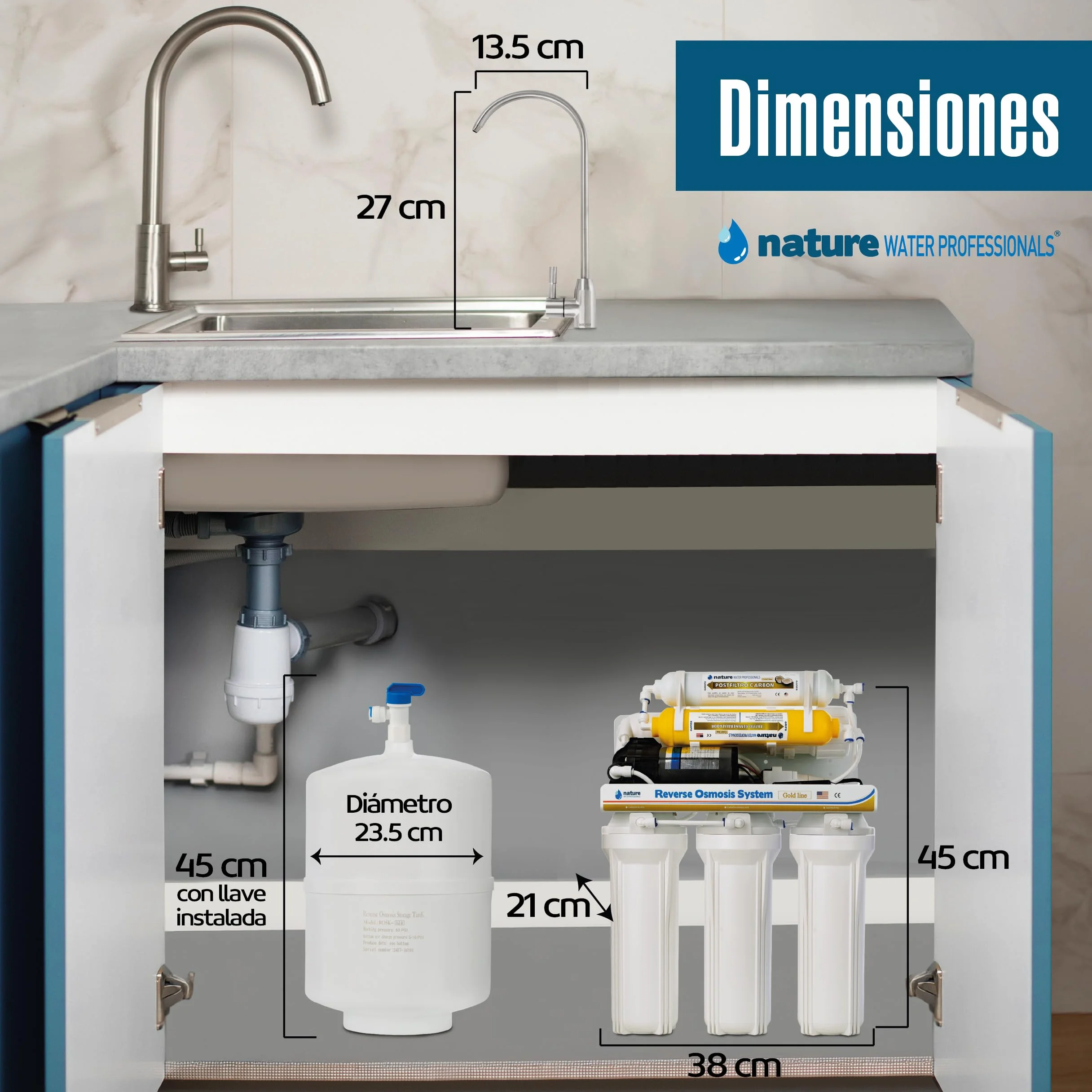 Equipo de Osmosis Inversa - Kit para Osmosis de 6 Etapas - Capacidad para 5 L - Incluye Membrana Vontron de 50GPD, Bomba y Filtros - Nature Water Professionals