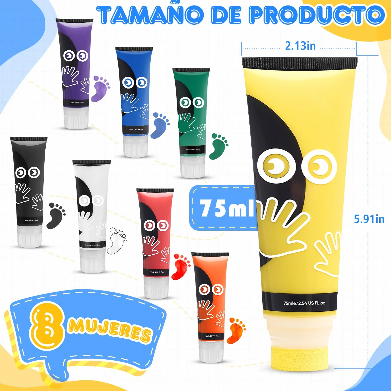 Pintura de Dedos para Niños 8 Colores 8x75ml No Tóxica Kit Pintura Dactilar