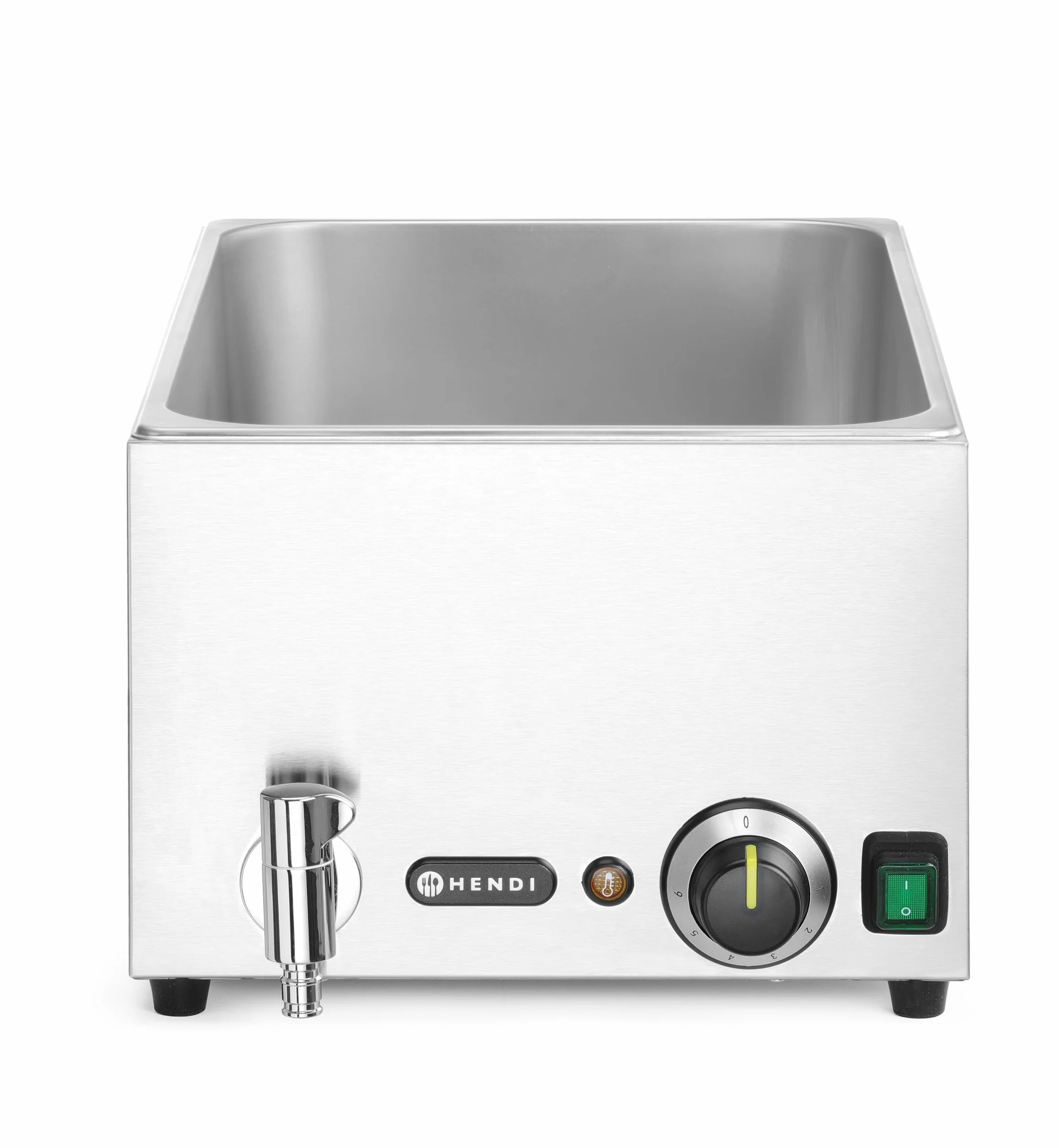 HENDI Baño María eléctrico, con grifo, sistema de calentamiento al baño María, temperatura regulable 30 °C a 85 °C, incluye 3 x GN1/3 con tapa, 19L, 230V, 1000W, 605x332x(H)242mm, acero inoxidable