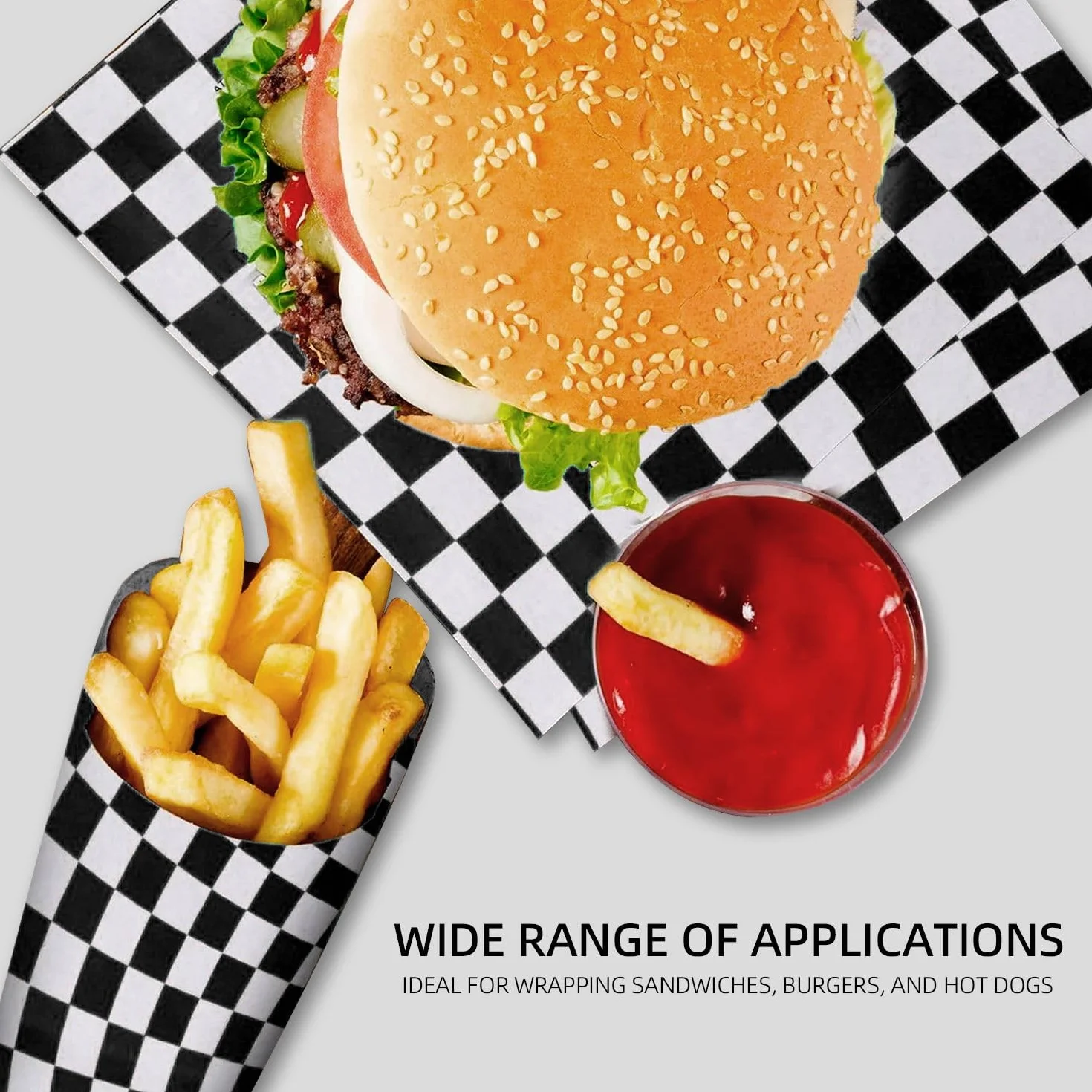 Papel Antigrasa Resistente 100 Piezas Hojas Checkered Deli Basket Liner para Envolver Hamburguesas y Snacks