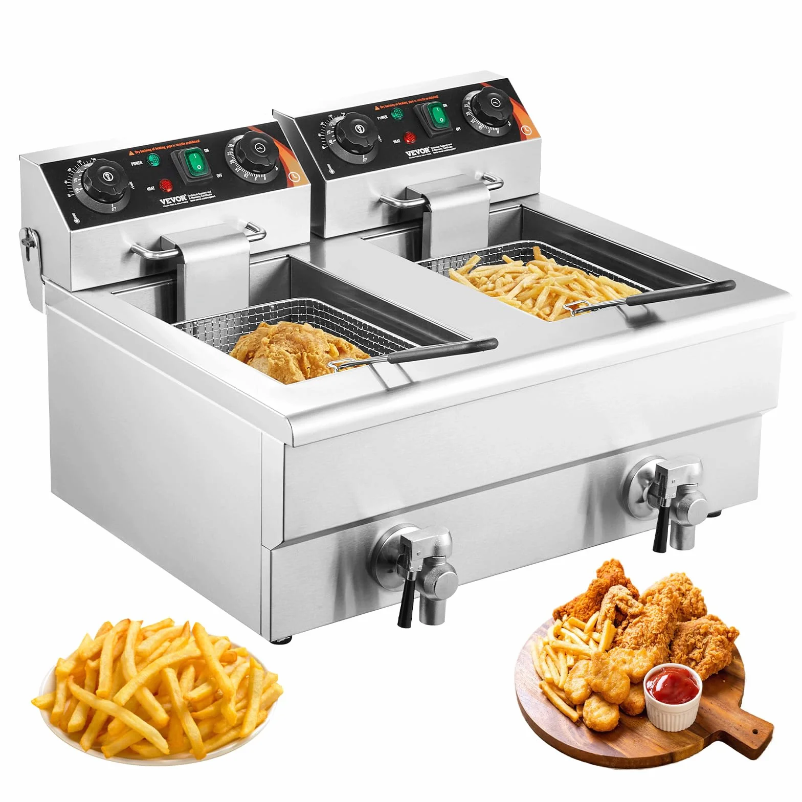 VEVOR Freidora Eléctrica Comercial 3000 W 2 Tanques 2 x 11 L, Freidora de Aceite de Acero Inoxidable con 2 Cestas para Freír Temperatura y Tiempo Ajustables, para Aros de Cebolla, Patatas Fritas