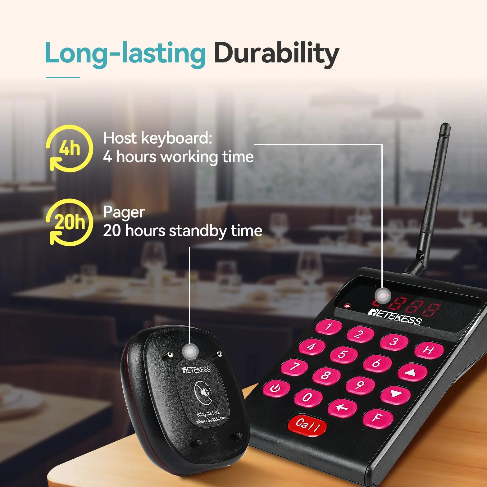 Retekess TD161 Buscapersonas Restaurante, 500M Avisadores Clientes, Teclado Extraíble, Fácil Configuración, 300 mAh 20H, Sistema de Llamadas para Pubs, Zoo, Logística (20 Buscapersonas)