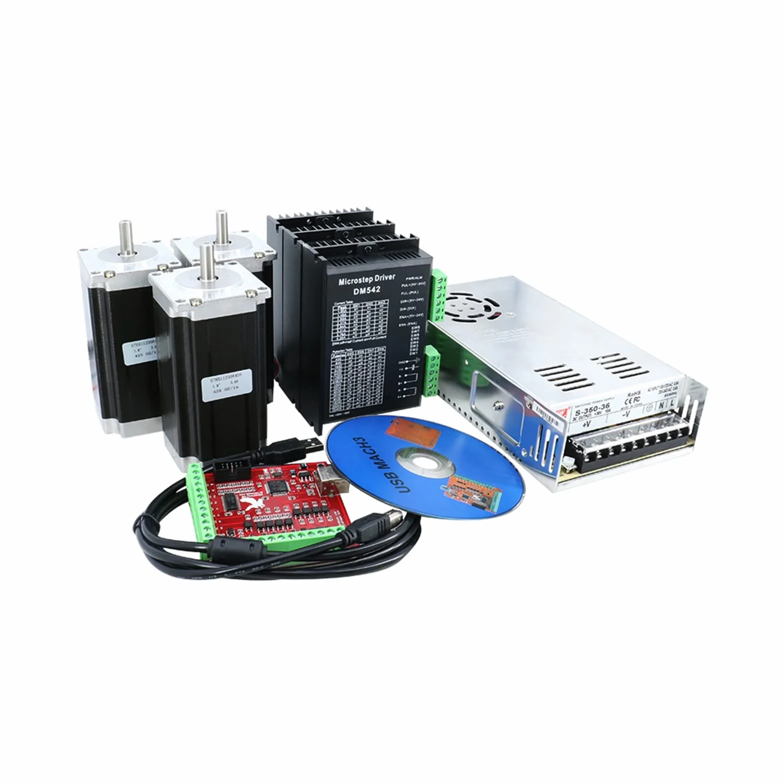 Kit de enrutador CNC de eje único de 8 mm, 3 ejes, controlador de motor paso a paso DM542 y motor Nema23 de 30 oz+placa de interfaz DB25+fuente de alimentación