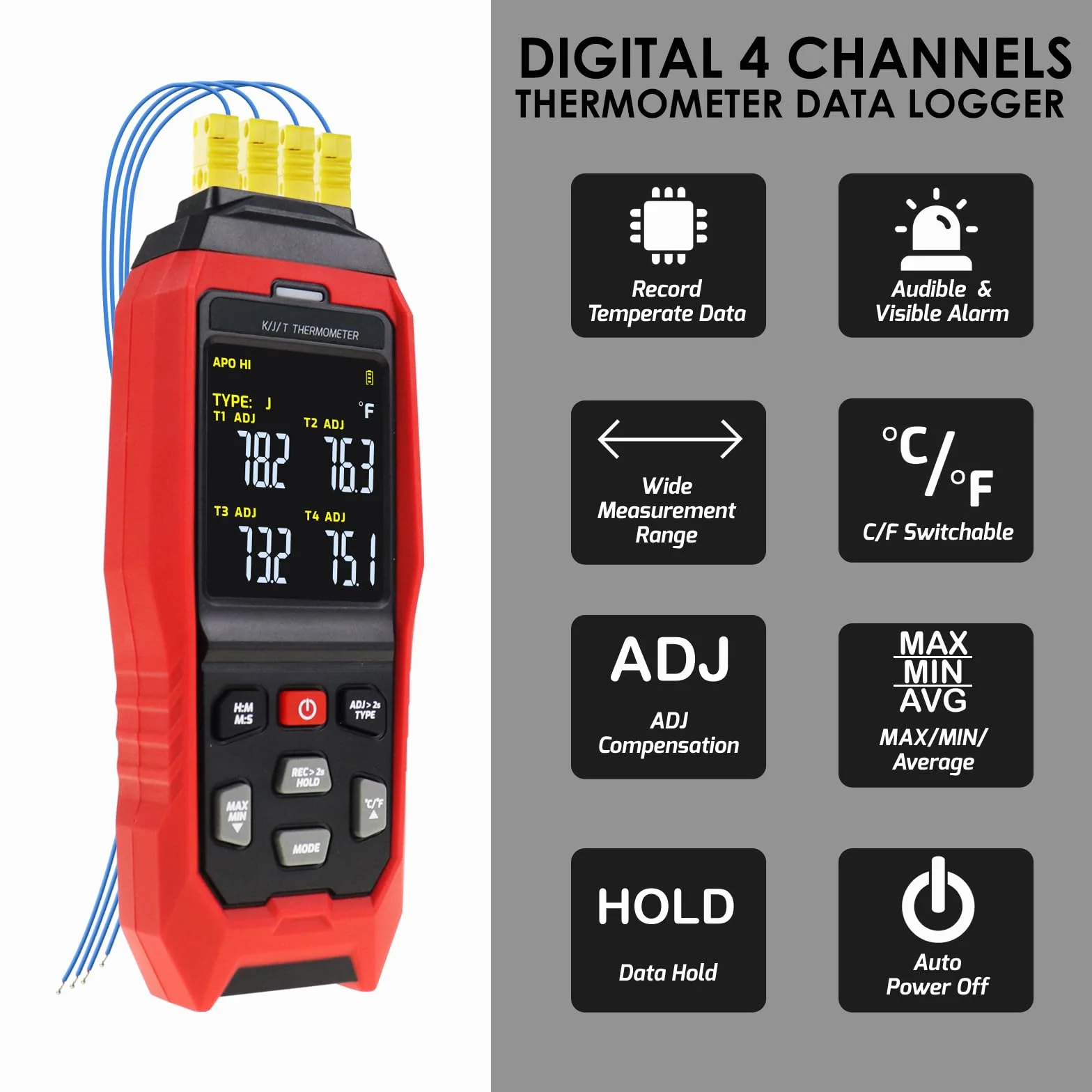 Registrador Digital de Datos Termopar Tipo K/J 4 Canales -200~1372°C Medidor Temperatura con Alarma