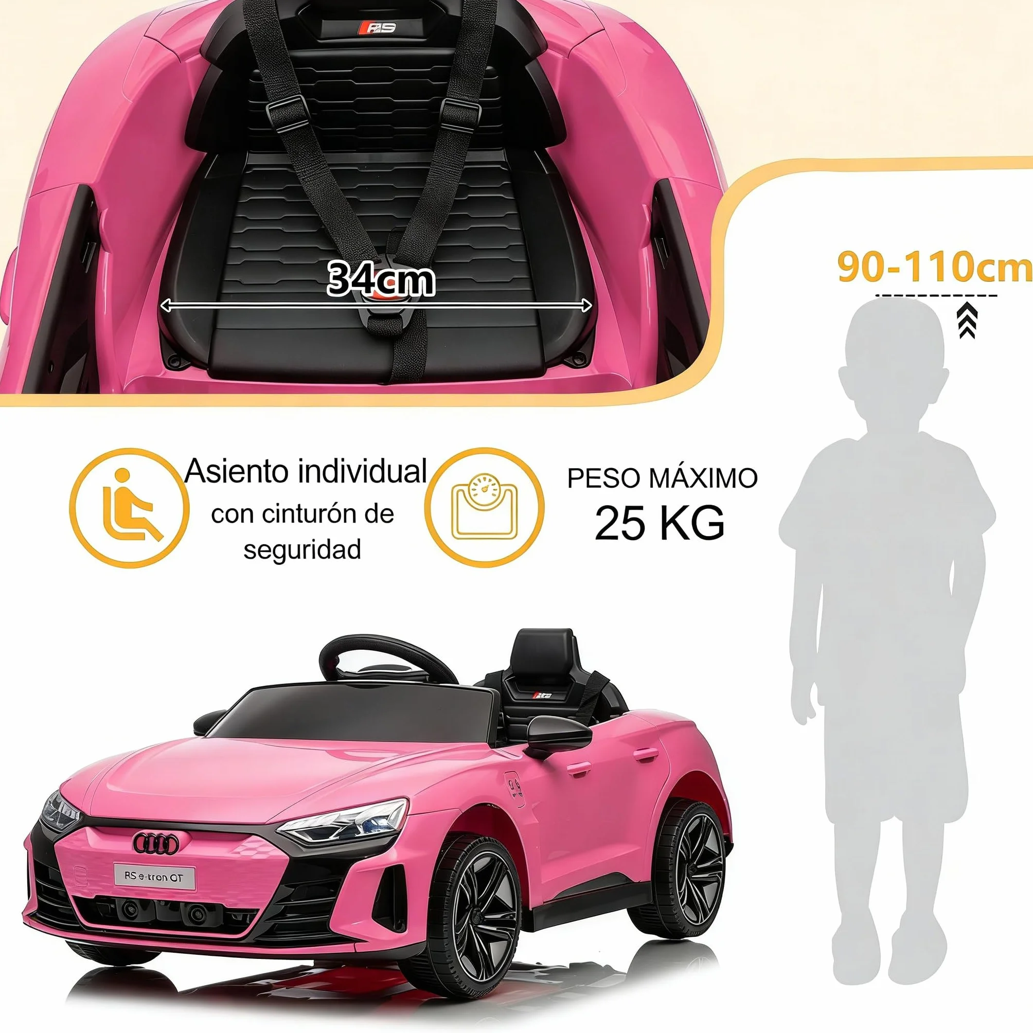 Audi RS E-Tron Coche Eléctrico para Niños 12V Doble Motor 3-5 km/h MP3 Mando a Distancia Rosa