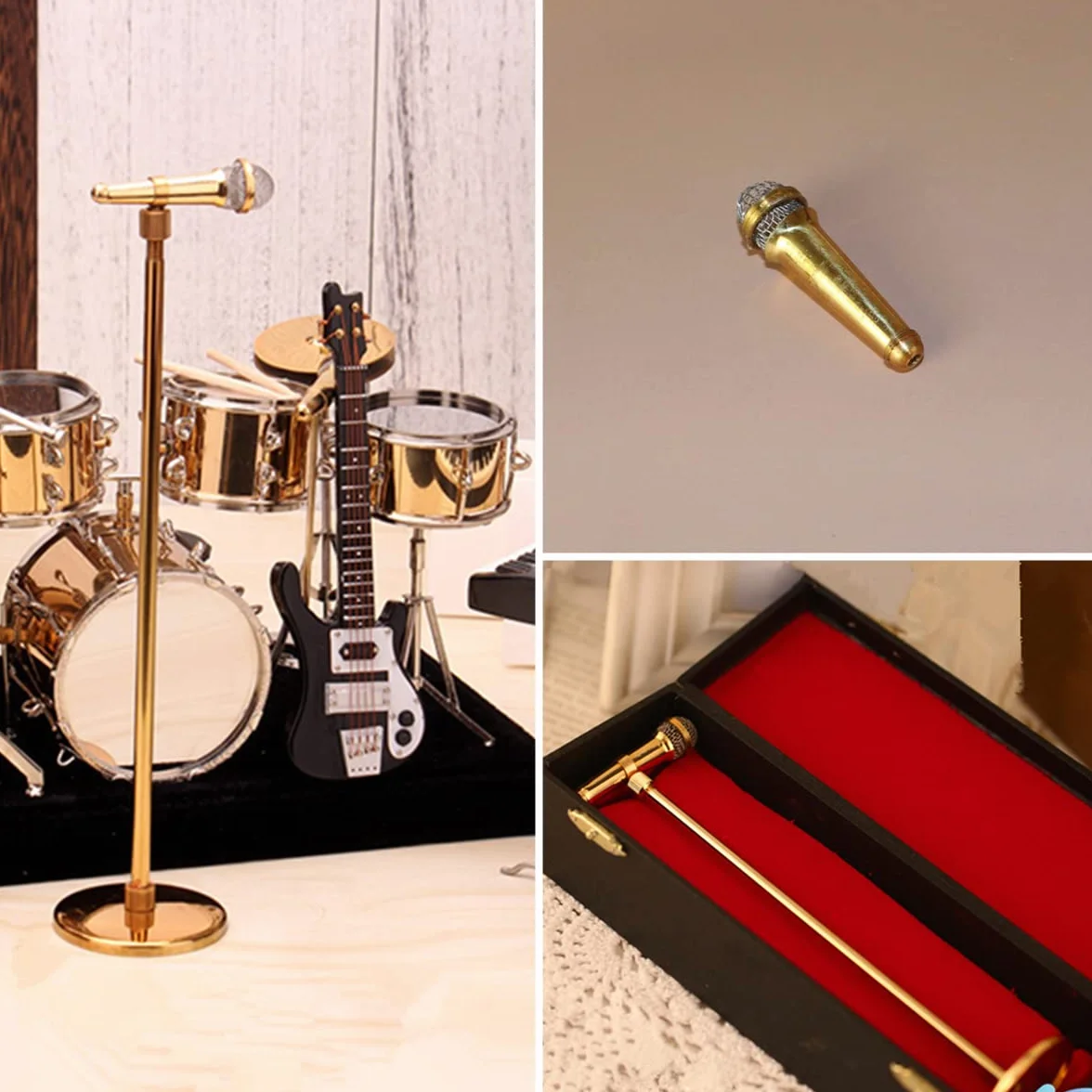Micrófono en Miniatura de 8 cm, Mini Instrumento Musical, Soporte Dorado con Caja