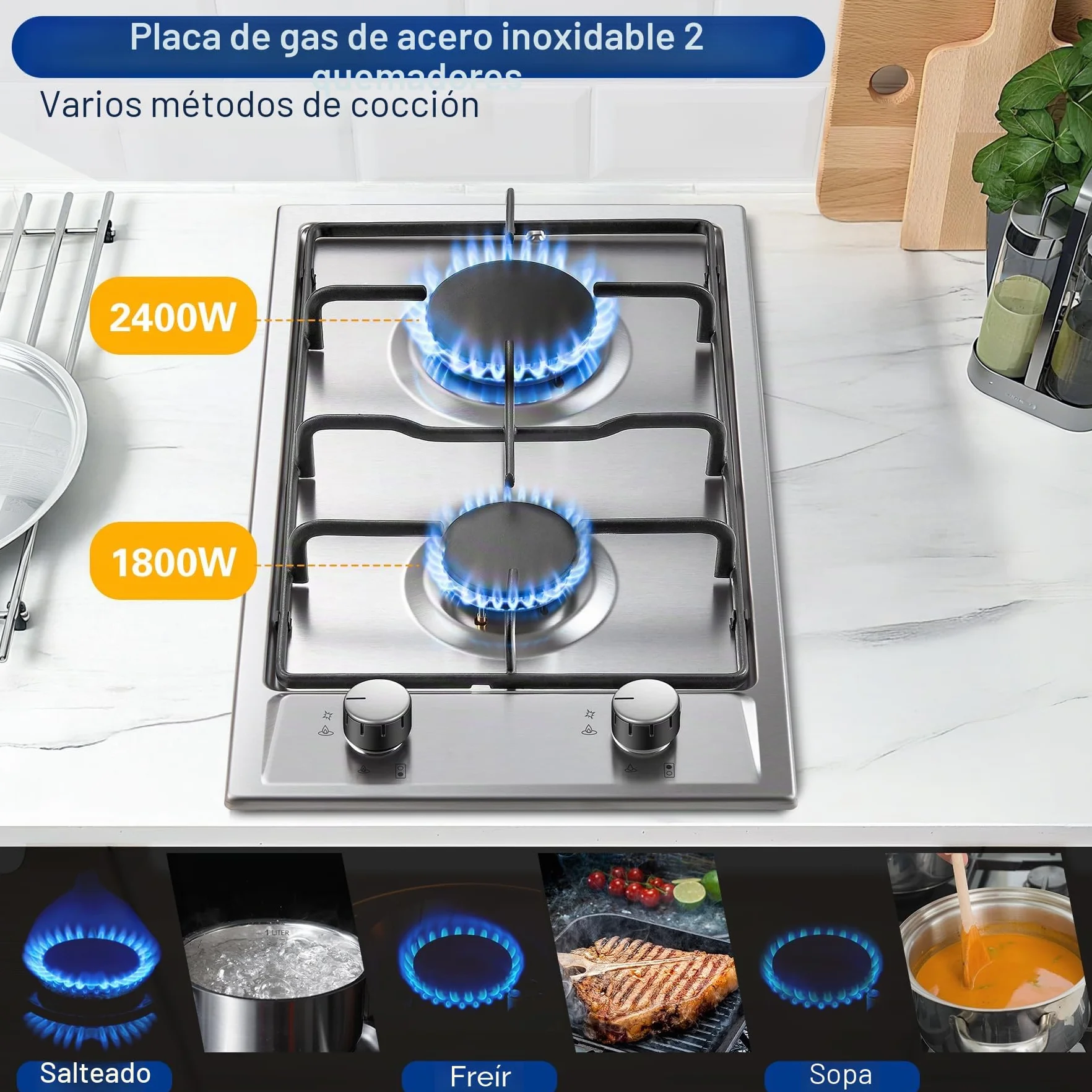 TopStrong Placa de Gas 2 Fuegos 30cm Encimera Gas Butano Acero Inoxidable 4200W
