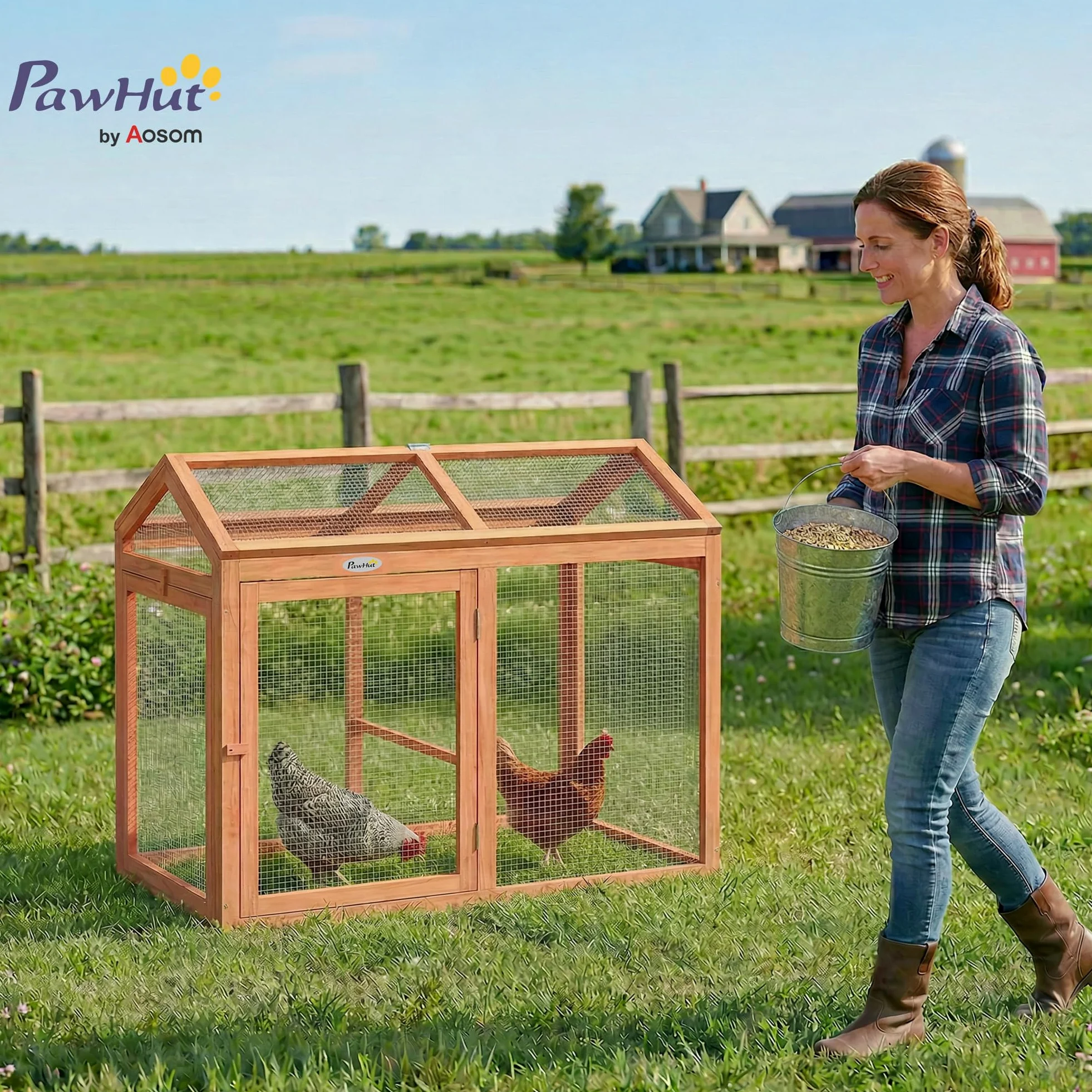 PawHut Recinto - Gallinero combinable, 2 gallinas, 104 x 70,5 x 84 cm, color naranja | Madera Natural, Parque De Malla Modular Y Extensible, Gallinero De Protección, Malla Densa, Ampliación Recinto De Gallina