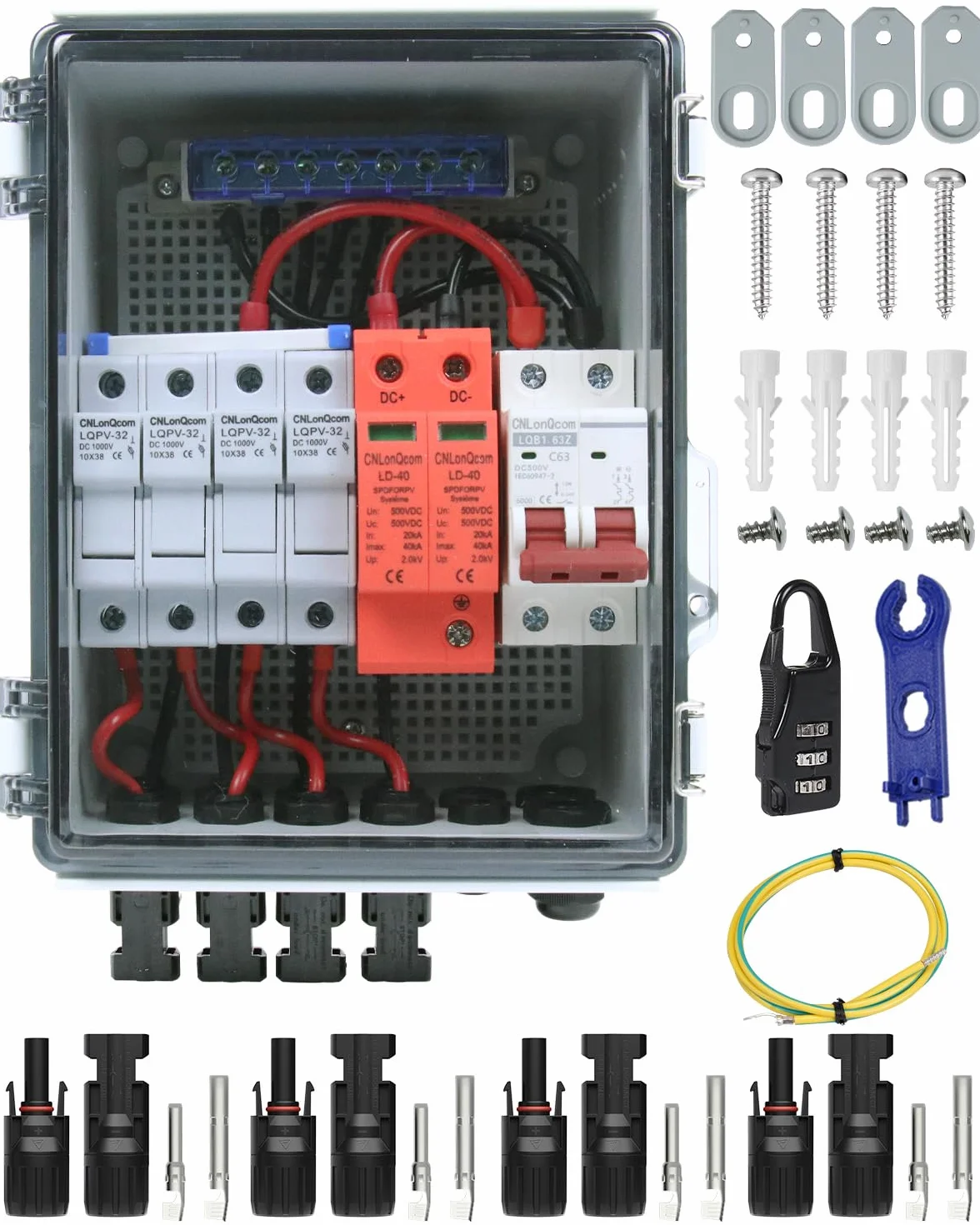Protección contra sobretensiones PV caja de fusibles CC interruptor de protección contra rayos módulos 4 cuerdas 4 en 1 salida DC 500 V 20-40 KA con IP65 caja de conexiones impermeable para