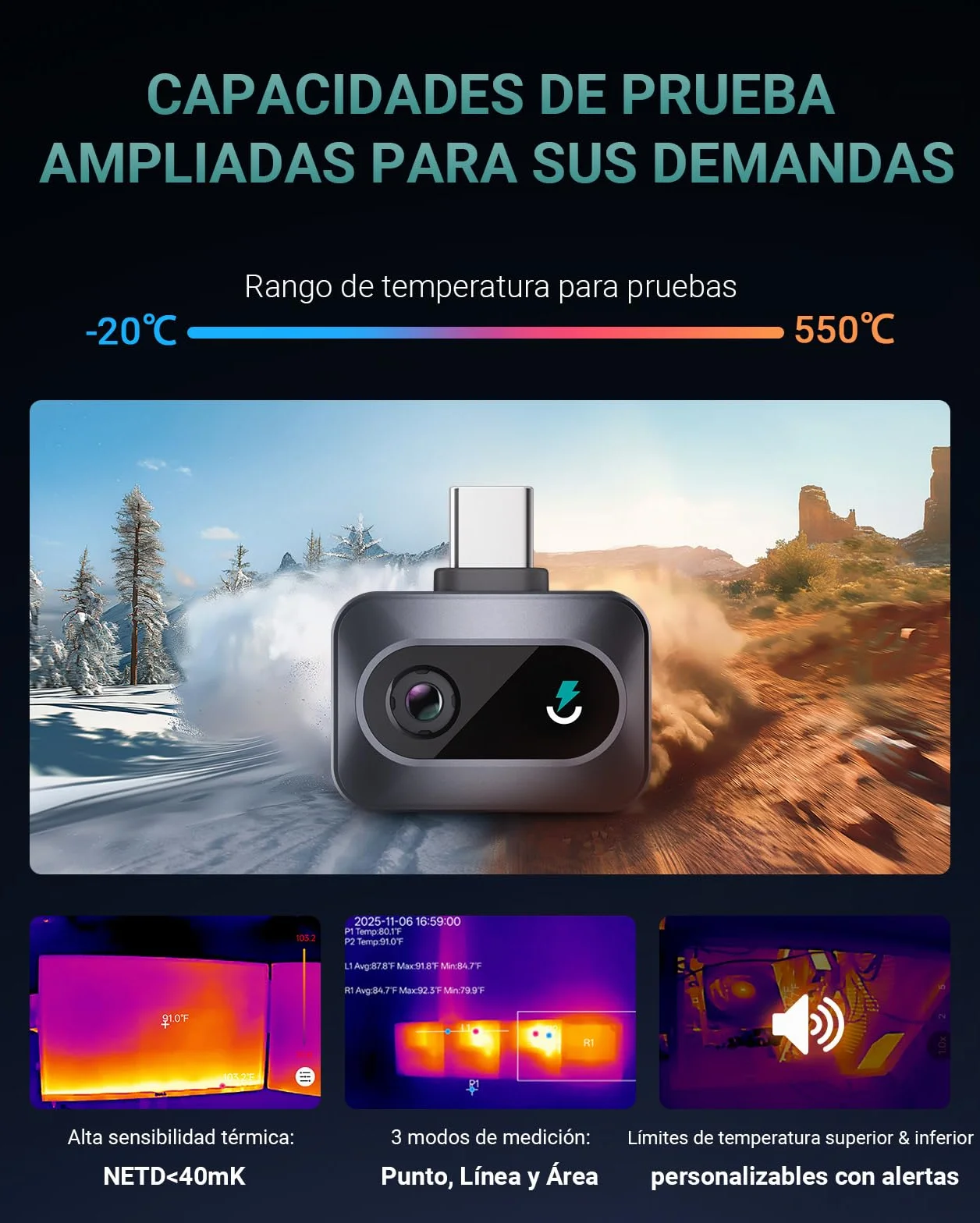 TS1 Cámara Térmica Termográfica Infrarroja para Android, 512x384 TISR Alta Resolución Cámara Termográfica Infrarroja, Rango de medición de la temperatura -20 °C a 550 °C