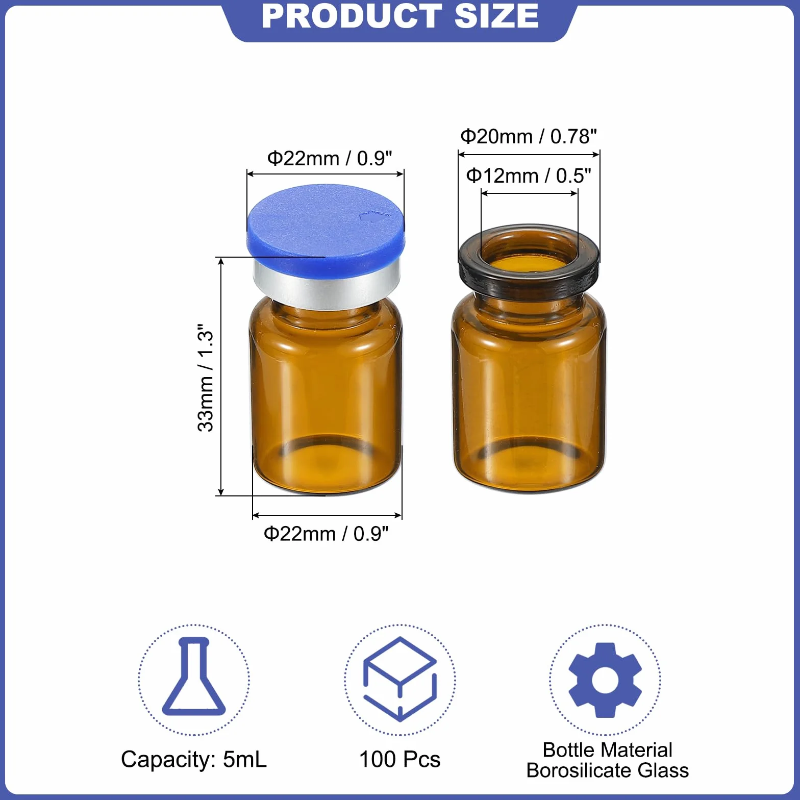 PATIKIL Frascos de Muestra de 5 ml, 100 Unidades, Frascos de Laboratorio Vacíos con Tapón de Goma Butílica, Vidrio de Borosilicato Ámbar