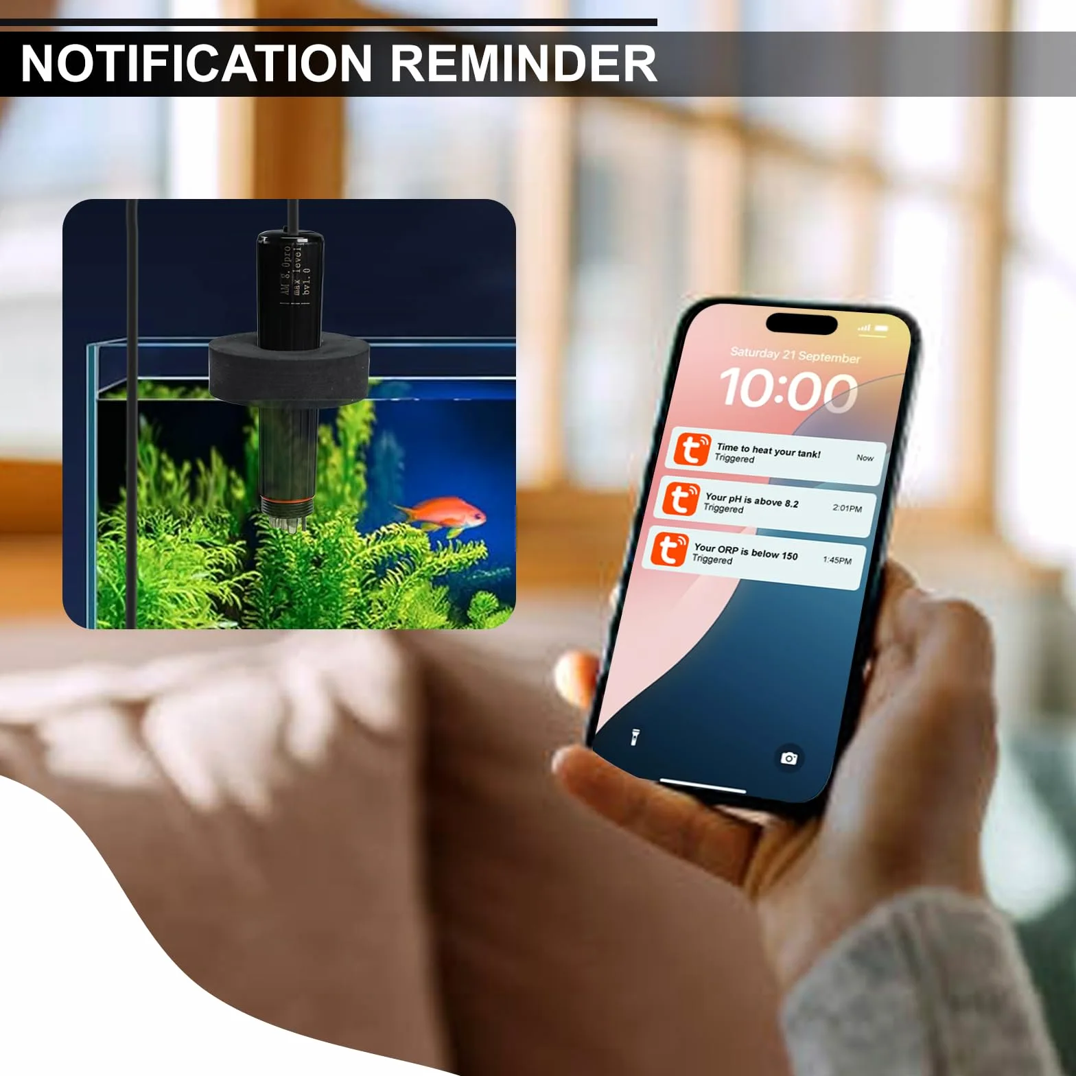 Probador de calidad del agua 7 en 1 WiFi sonda de acuario monitor de agua para pH, temperatura, TDS, salinidad, EC, ORP, S.G con alertas en tiempo real a través de la aplicación para peceras