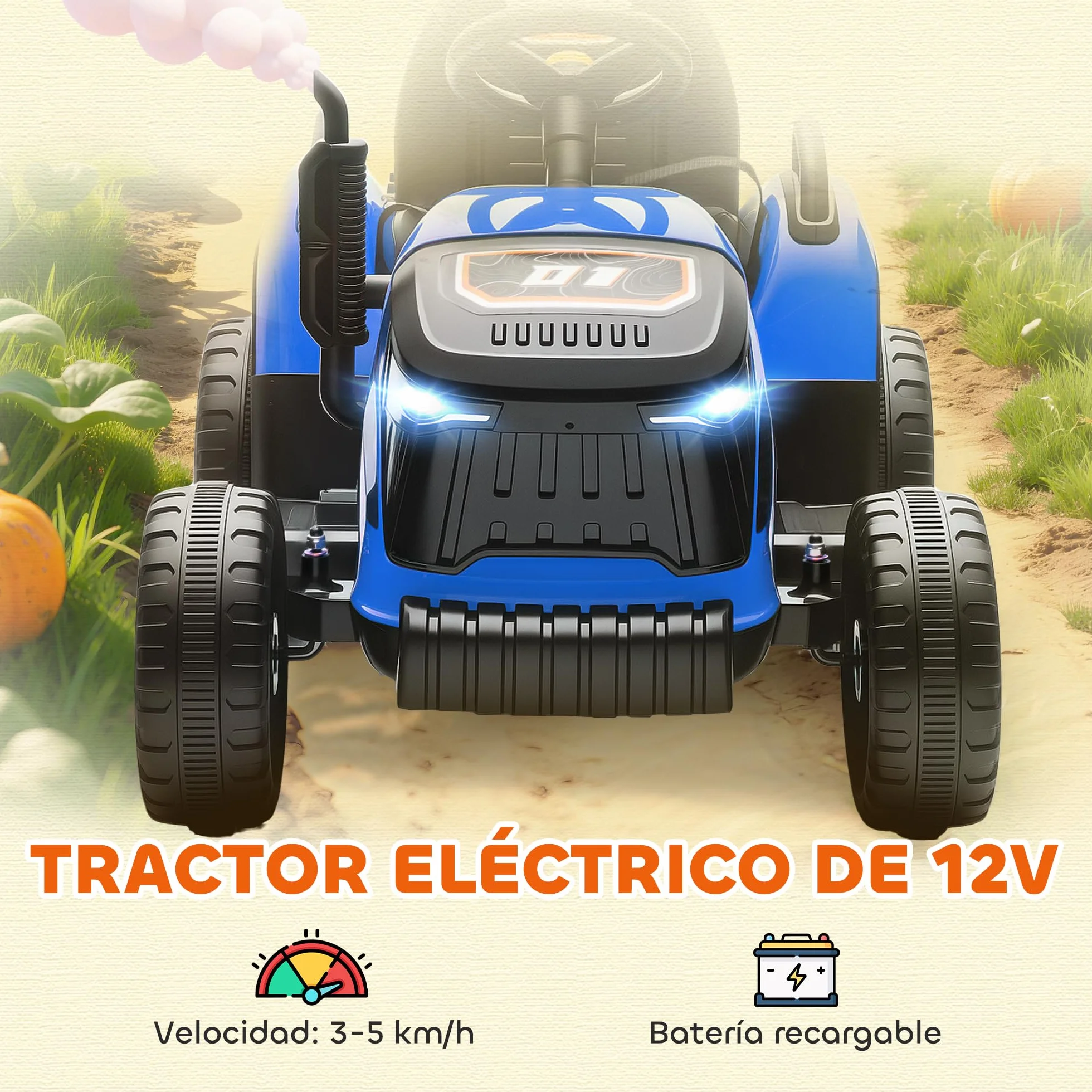 AIYAPLAY Tractor Eléctrico para Niños 12V con Remolque Desmontable, Control Remoto 2,4G, Azul
