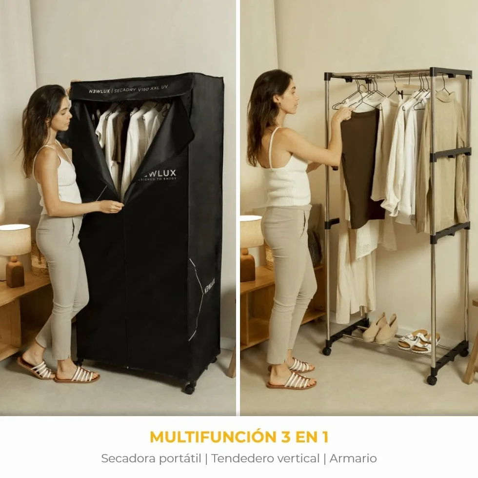 NEWLUX Secadora de Ropa Eléctrica Portátil 15Kg 1200W Luz UV 4 Niveles 180min Negro