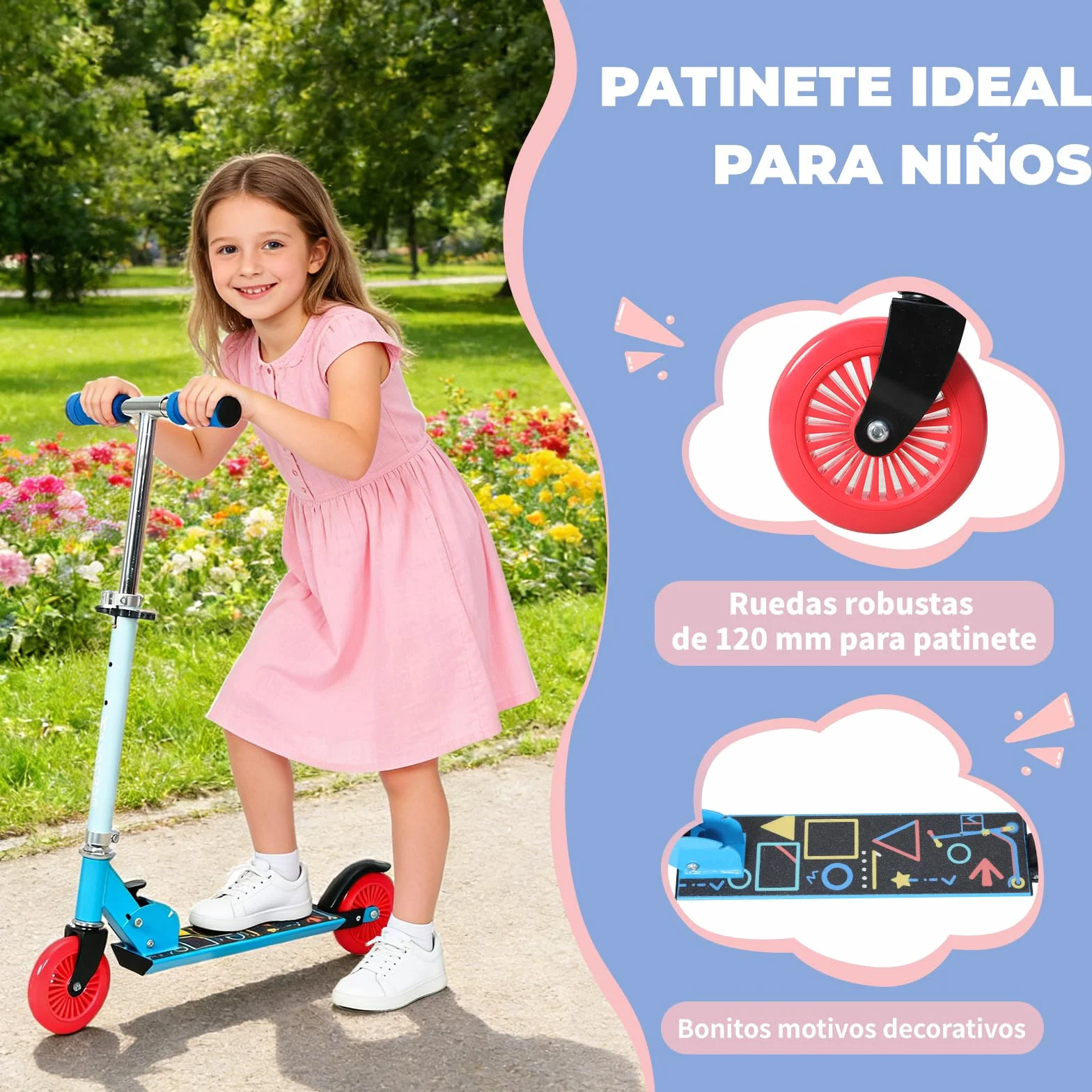 Patinete Scooter Plegable para Niños 4-6 Años, Manillar Ajustable 72-82cm, 2 Ruedas, Freno Posterior, 50kg