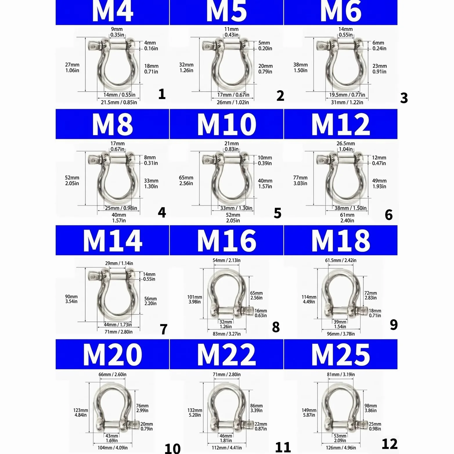 Grillete de aparejo de barco de acero inoxidable 304 con tornillo de perno de tornillo, hardware para exteriores de 4 mm -M38 para amarre de remolque y tareas de utilidad al aire libre, ajuste de