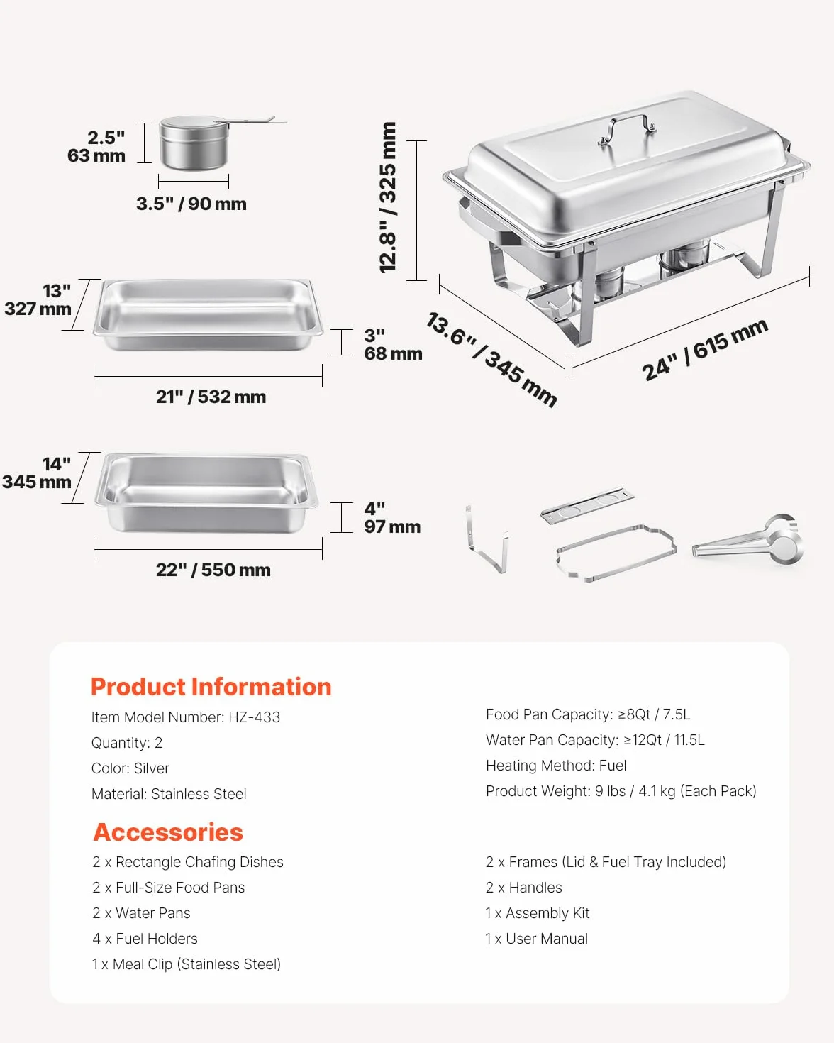 VEVOR Calentador de Alimentos para Bufé(7,5 L), con 2 Sartenes de Tamaño Completo, Dispensador de Calor Rectangular para Catering con Tapa y Soporte para Combustible, para Bodas, Plata, 2 uds