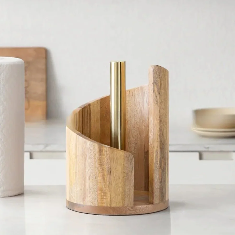 Soporte vertical para toallas de papel encimera base madera barra metal
