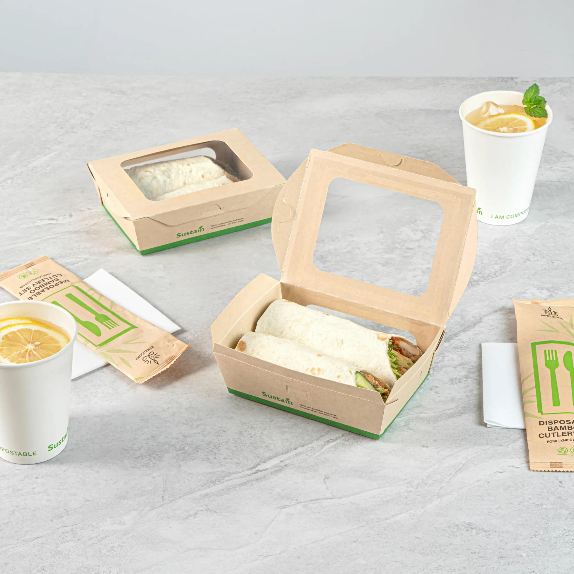 Restaurantware - Cajas de papel resistentes de 28 onzas, 50 recipientes desechables para alimentos, con forro de ácido poliláctico, dos ventanas transparentes de ácido poliláctico, contenedores de