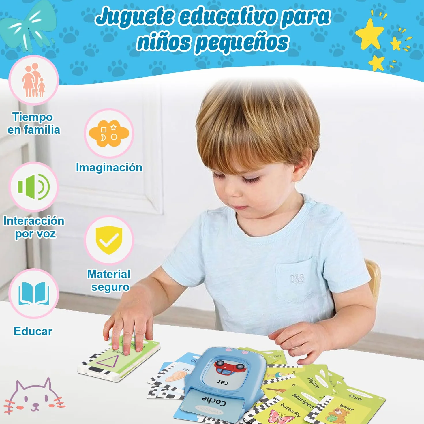 Electight Tarjetas Flash Parlantes Juguetes Educativos para Niños 3+ Años 224 Palabras 112 Tarjetas Doble Cara Bilingües Azul
