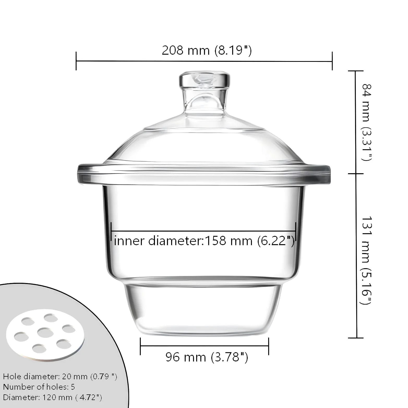 Los desecadores de vidrio para laboratorio, fabricados con vidrio de borosilicato, son resistentes a la corrosión y a las altas temperaturas, por lo que son adecuados para almacenar Transparent 150mm