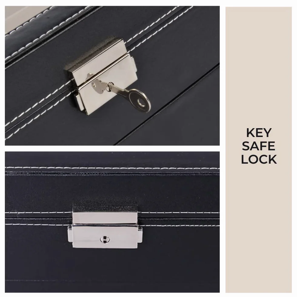 MAGIC SELECT Caja para Gafas con 8-12-18 Compartimentos, Estuche con Tapa de Cristal Transparente, Cierre con Llave, Cajón y Forro Interior, Polipiel
