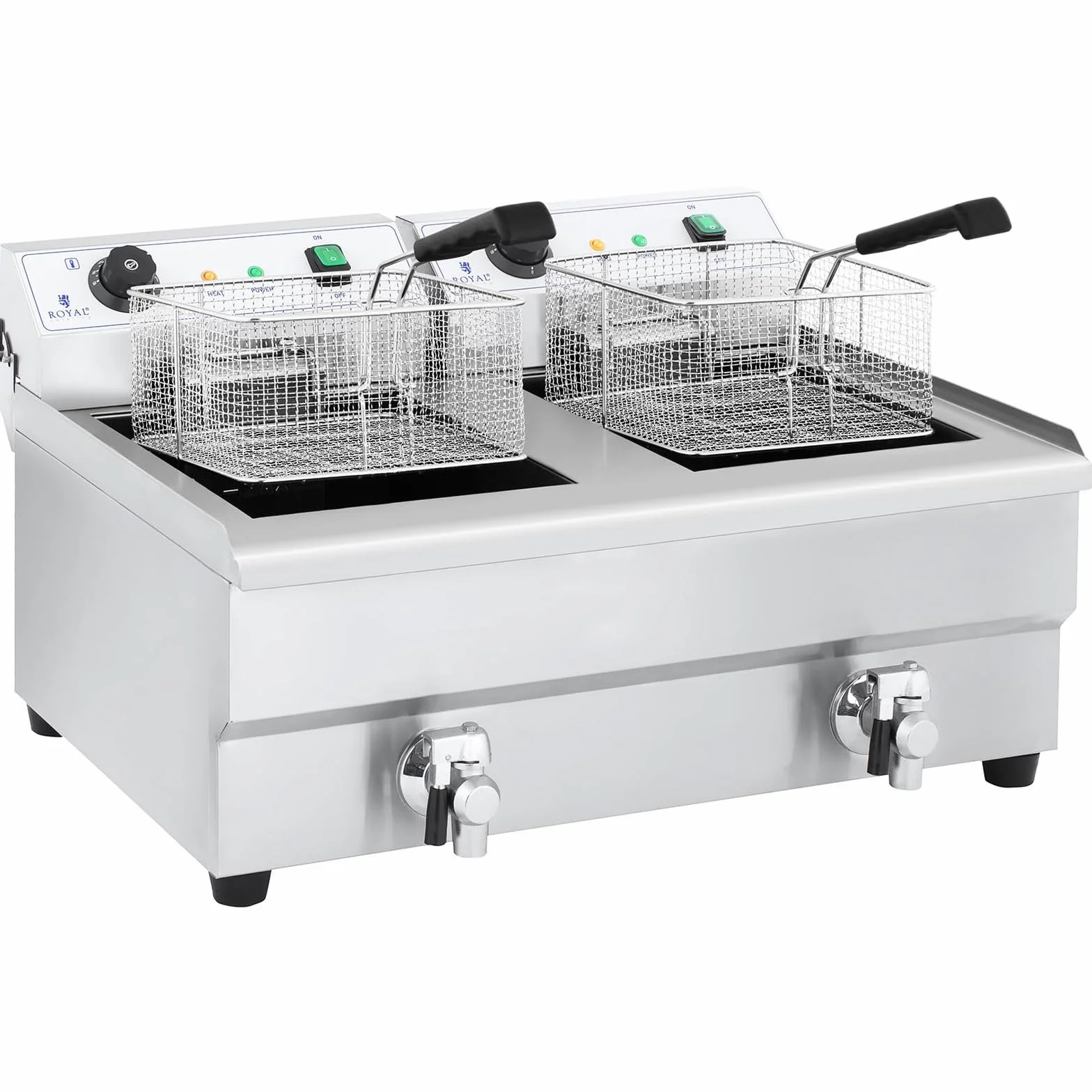 Royal Catering Freidora Electrica Profesional Doble RCEF 16DH-1 (2 x 16 L, 2 x 3 200 Watt, Termostato, 2 Grifos de vaciado, Acero inoxidable)