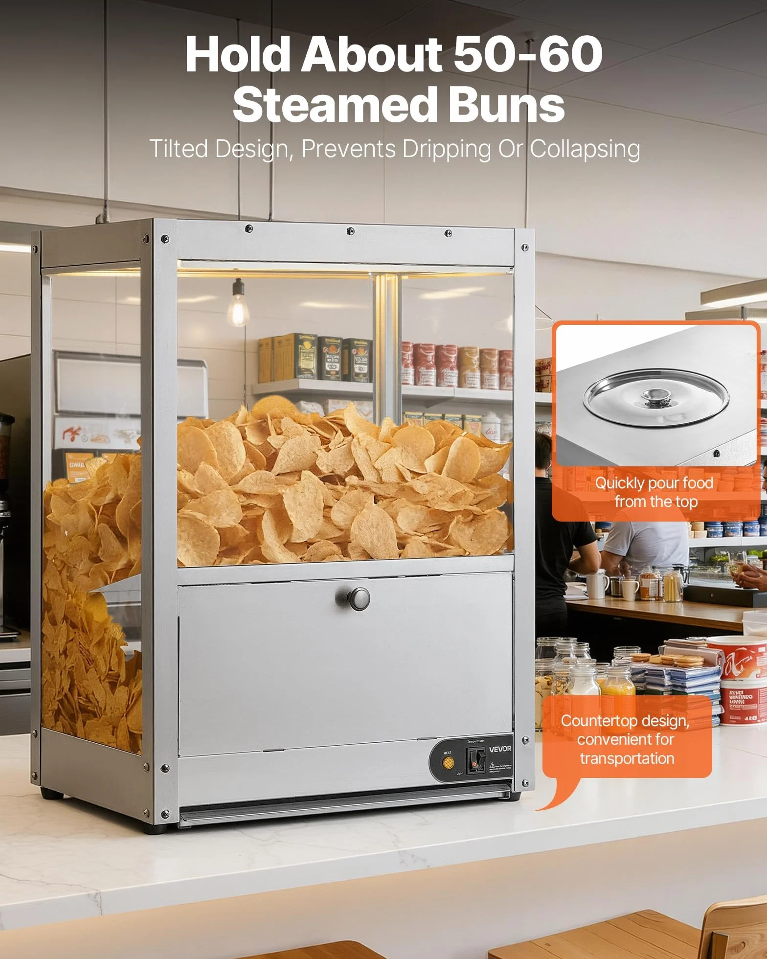 VEVOR Vitrina de Calor para Nachos 80 L 300 W Acero Inoxidable Expositor Térmico