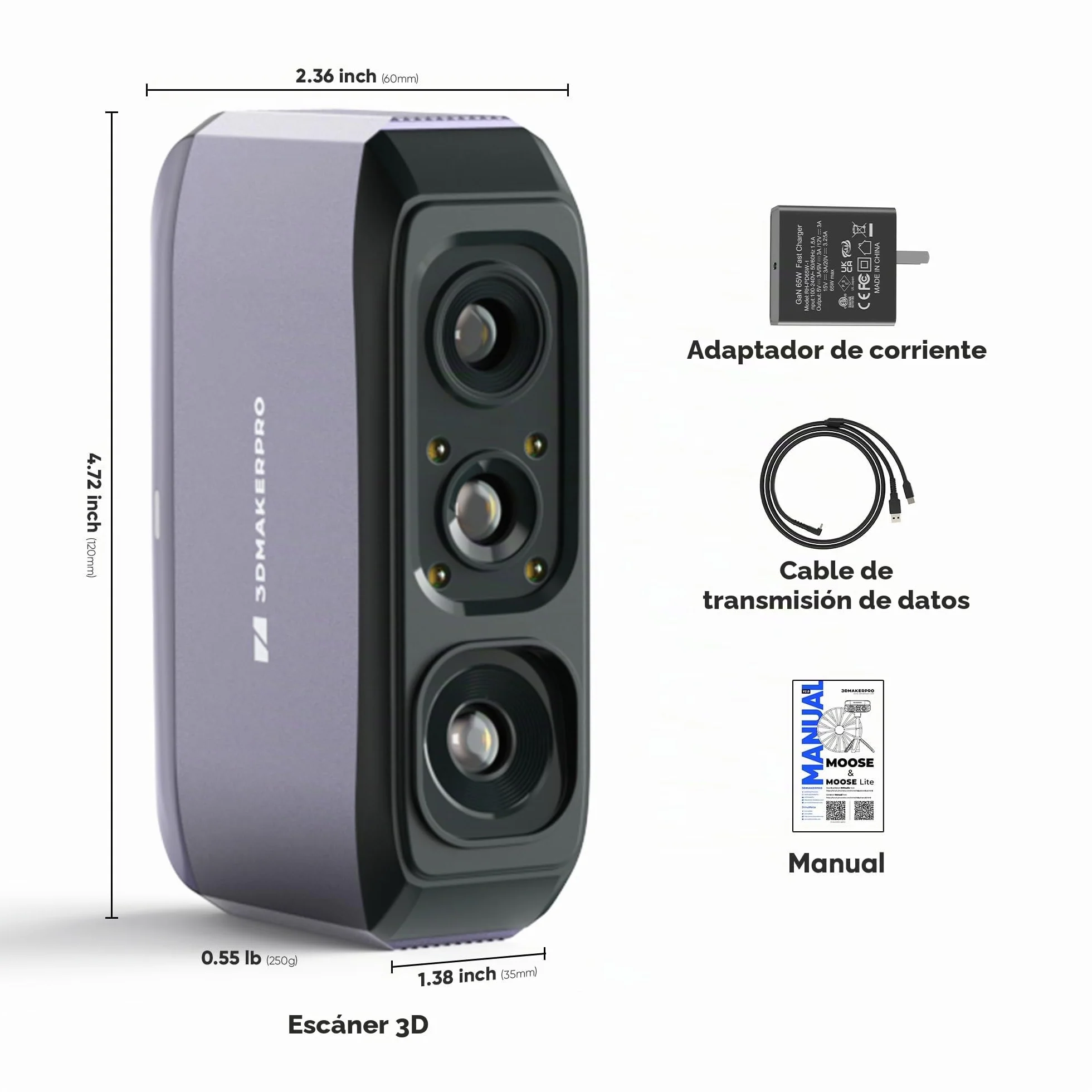 Escáner 3D para impresión 3D, escáner de modelos 3D portátil con precisión de alto detalle de 0,05 mm, velocidad de escaneo de 10 FPS, lentes antivibración, paquete estándar Moose Lite