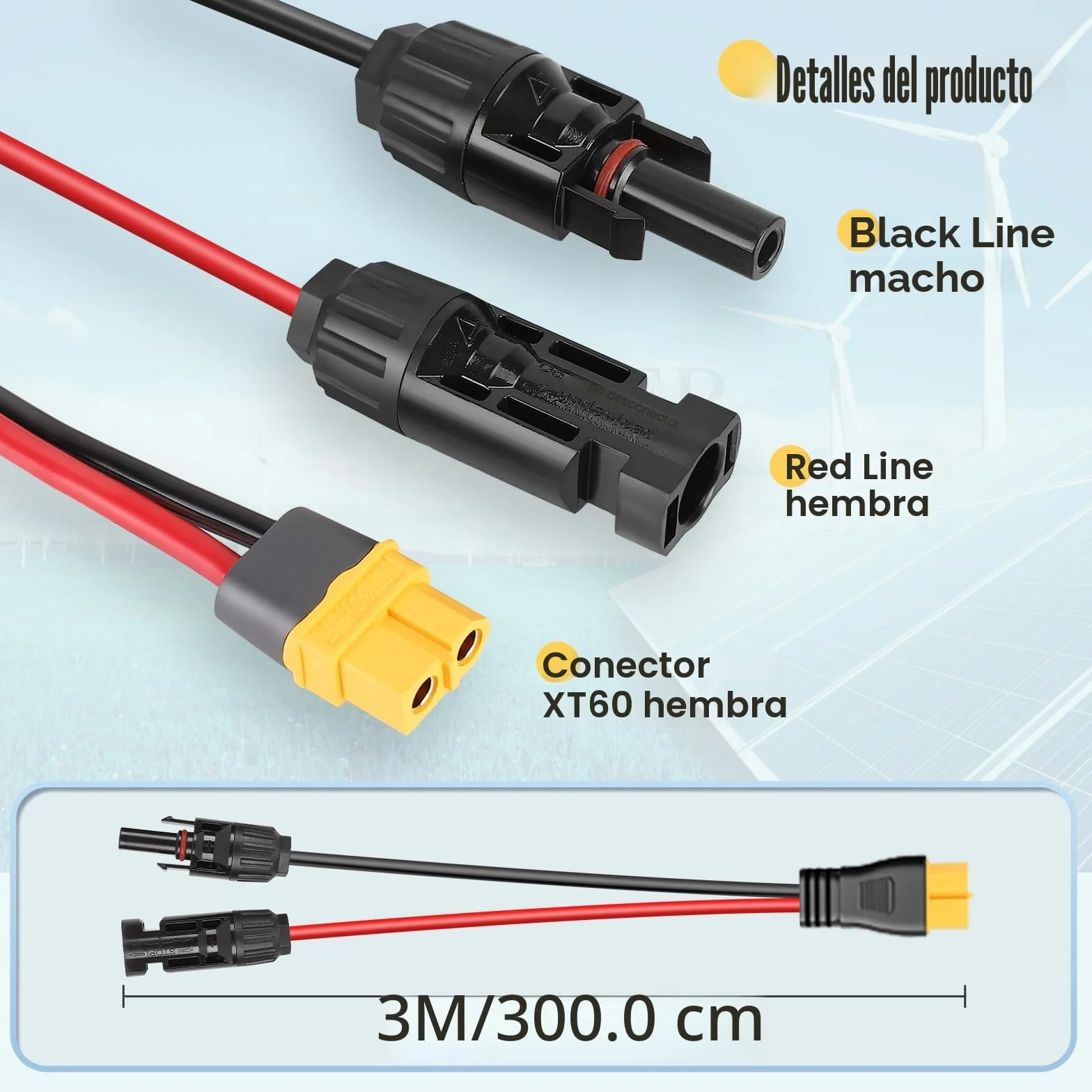 Thlevel Conector de Panel Solar XT60 Cable Adaptador 3 Metros 12AWG