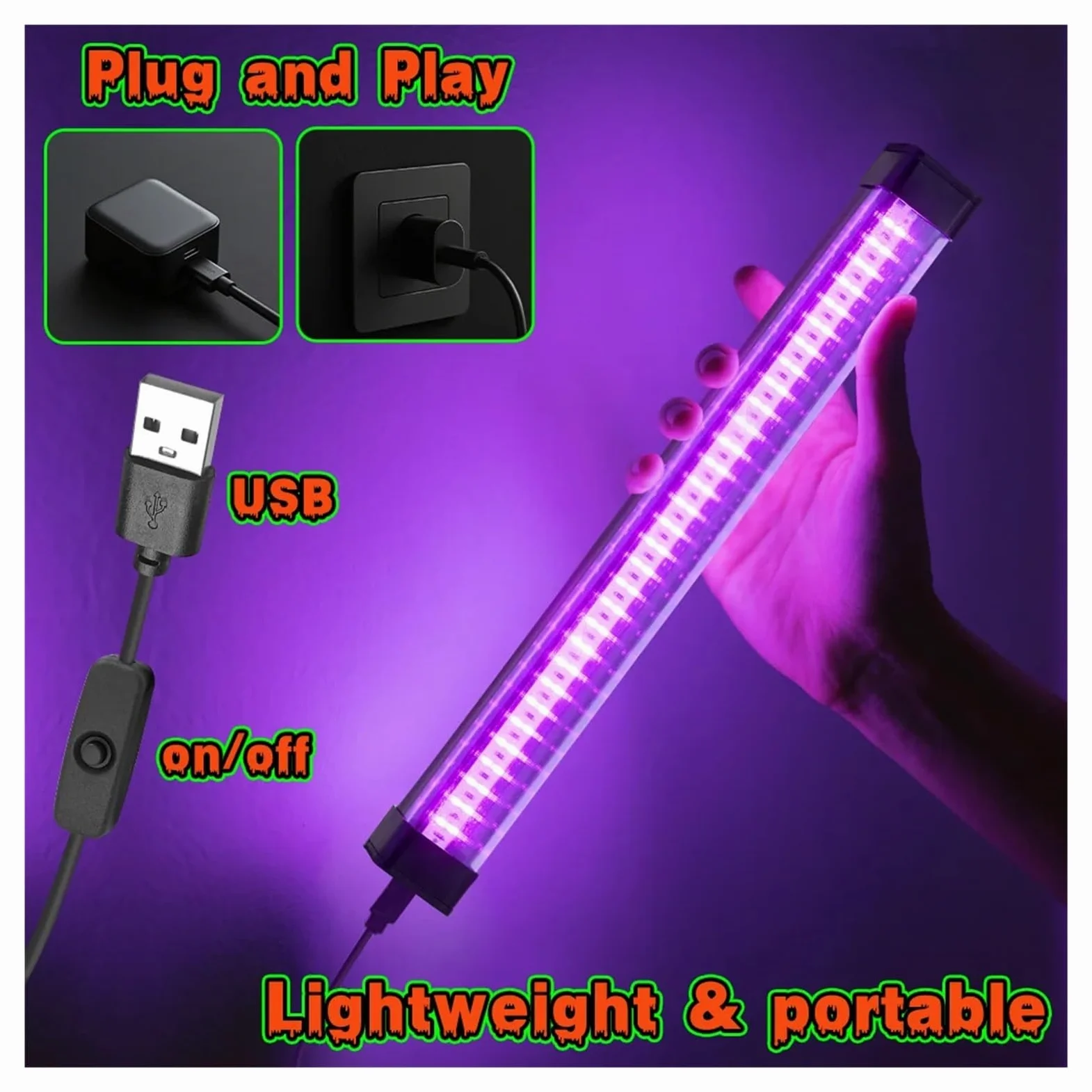 Tubo de luz negra LED 60 luces - Con interruptor, rotación 360 ​​grados, lámpara UV for fiestas fluorescentes, arte corporal, Halloween y Navidad, Multiuso confiable(60LEDs-3P)