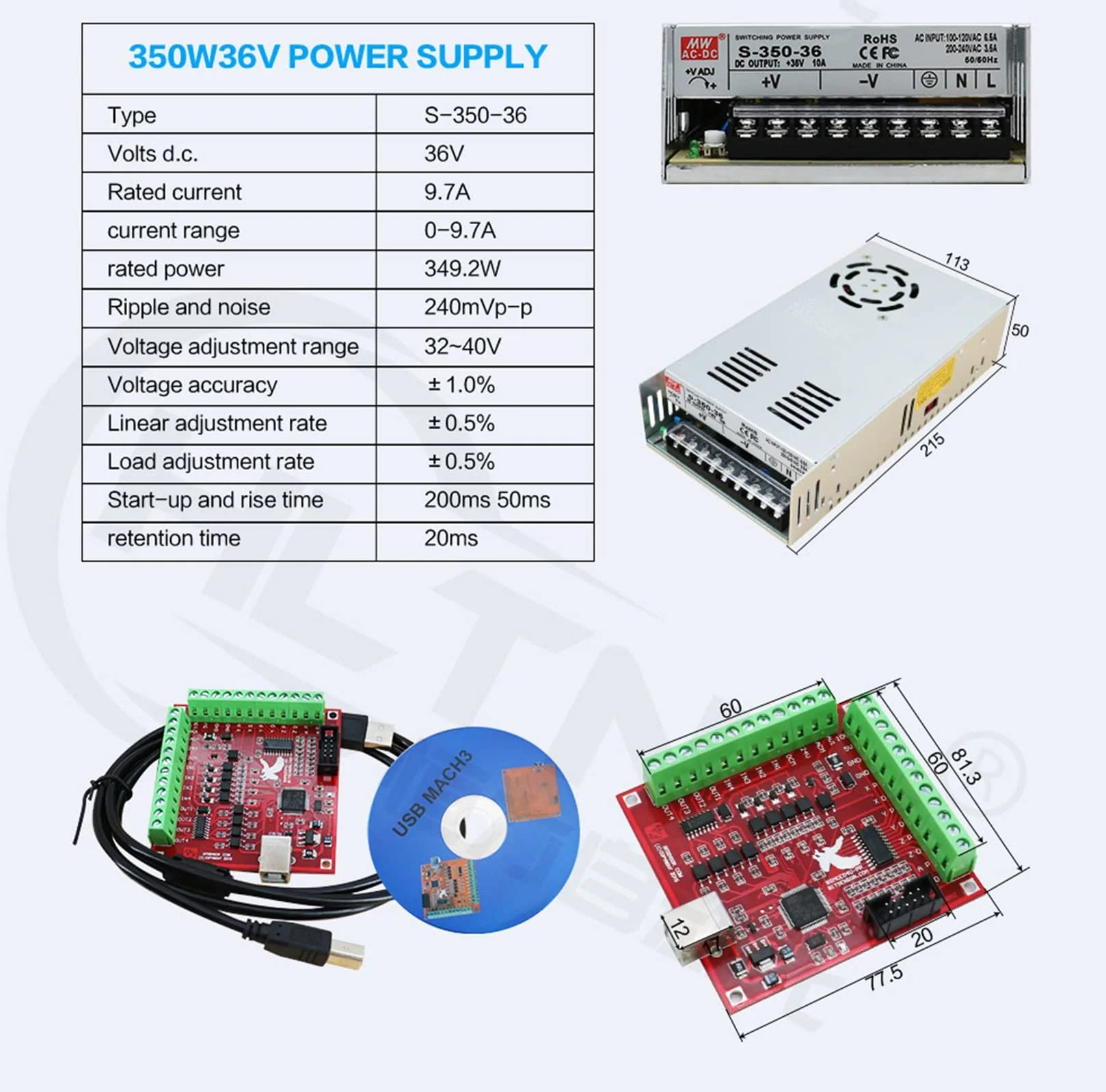 Kit de enrutador CNC de eje único de 8 mm, 3 ejes, controlador de motor paso a paso DM542 y motor Nema23 de 30 oz+placa de interfaz DB25+fuente de alimentación