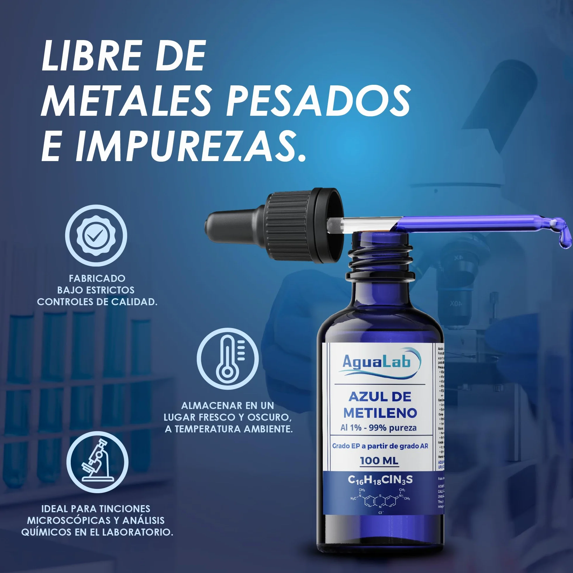 Solución de Azul de Metileno 1% EP-USP 99% 100 ml Grado Farmacéutico Vidrio Azul Protector UV con Gotero