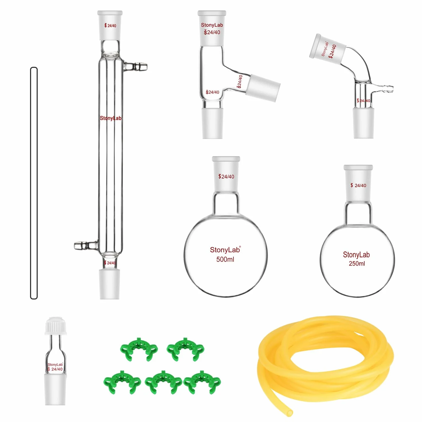 stonylab Aparato de Destilación de Vidrio, Kit de Destilación Simple con Junta 24/40 y Matraz de Reacción de 500 ml para Destilación a Presión Normal/Bajo Vacío, Kit de Cristalería de Laboratorio