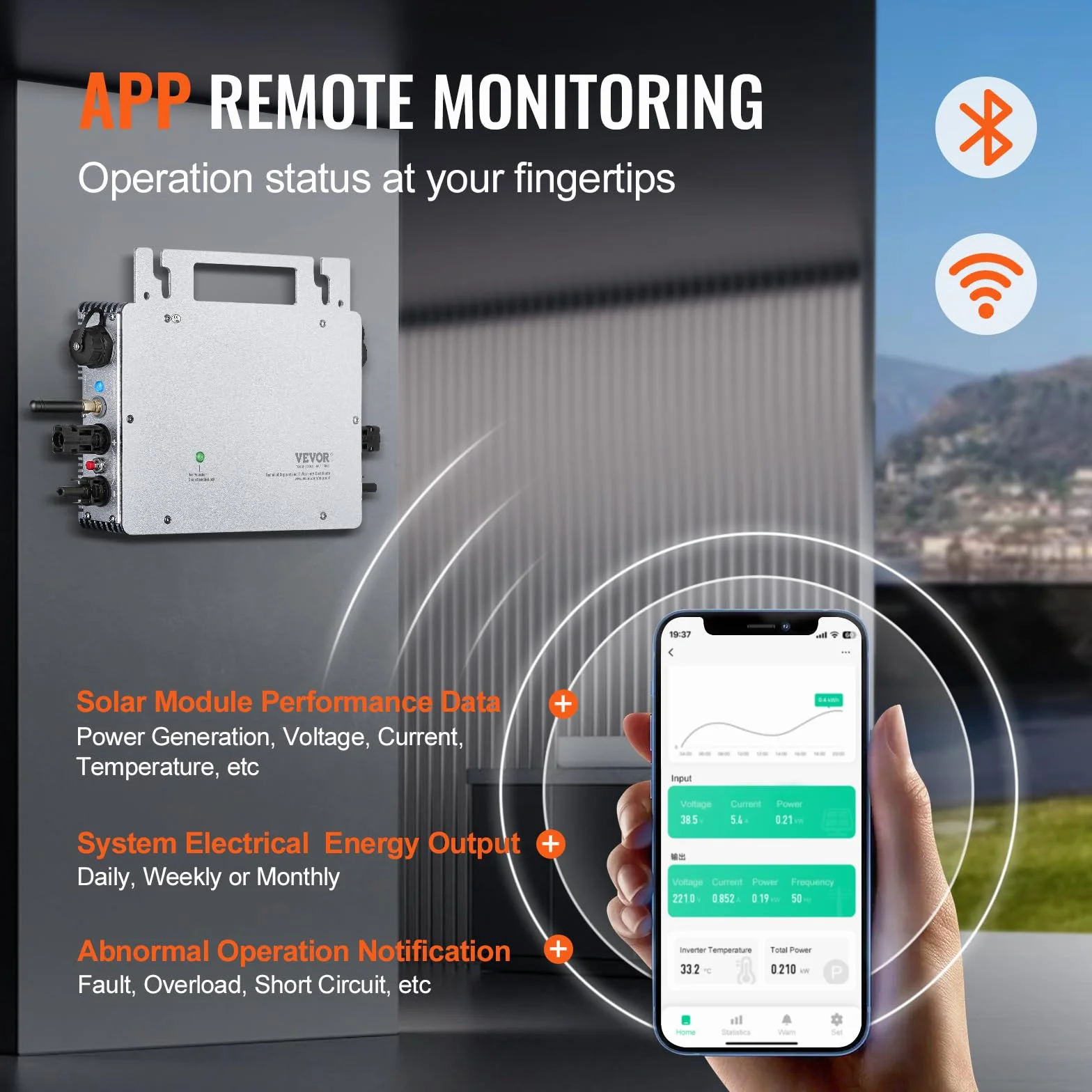 VEVOR Micro inversor Solar Conexión a Red 800W Microinversor Solar IP67 Aleación de Aluminio Impermeable Voltaje CC 18-50V con Antena WiFi App Cable de alimentación para Sistemas de Paneles solares