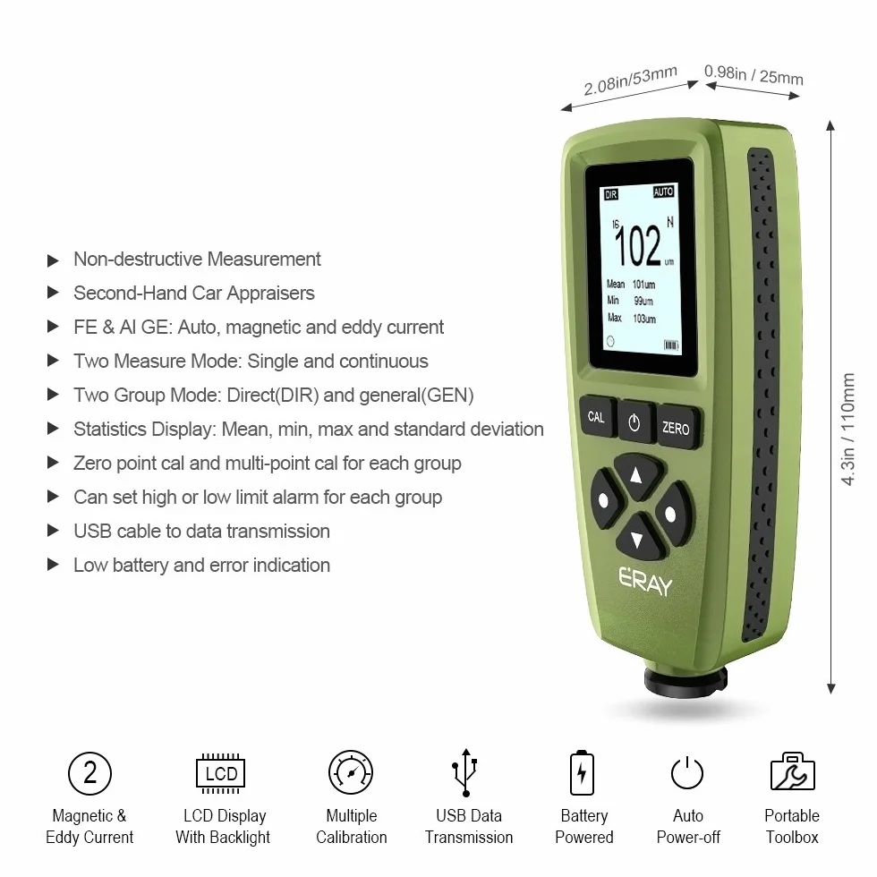 Eray Medidor de Espesor de Pintura Probador de Revestimiento con LCD Pantalla Retroiluminada, Maleta y Batería Incluida, Ejército Verde