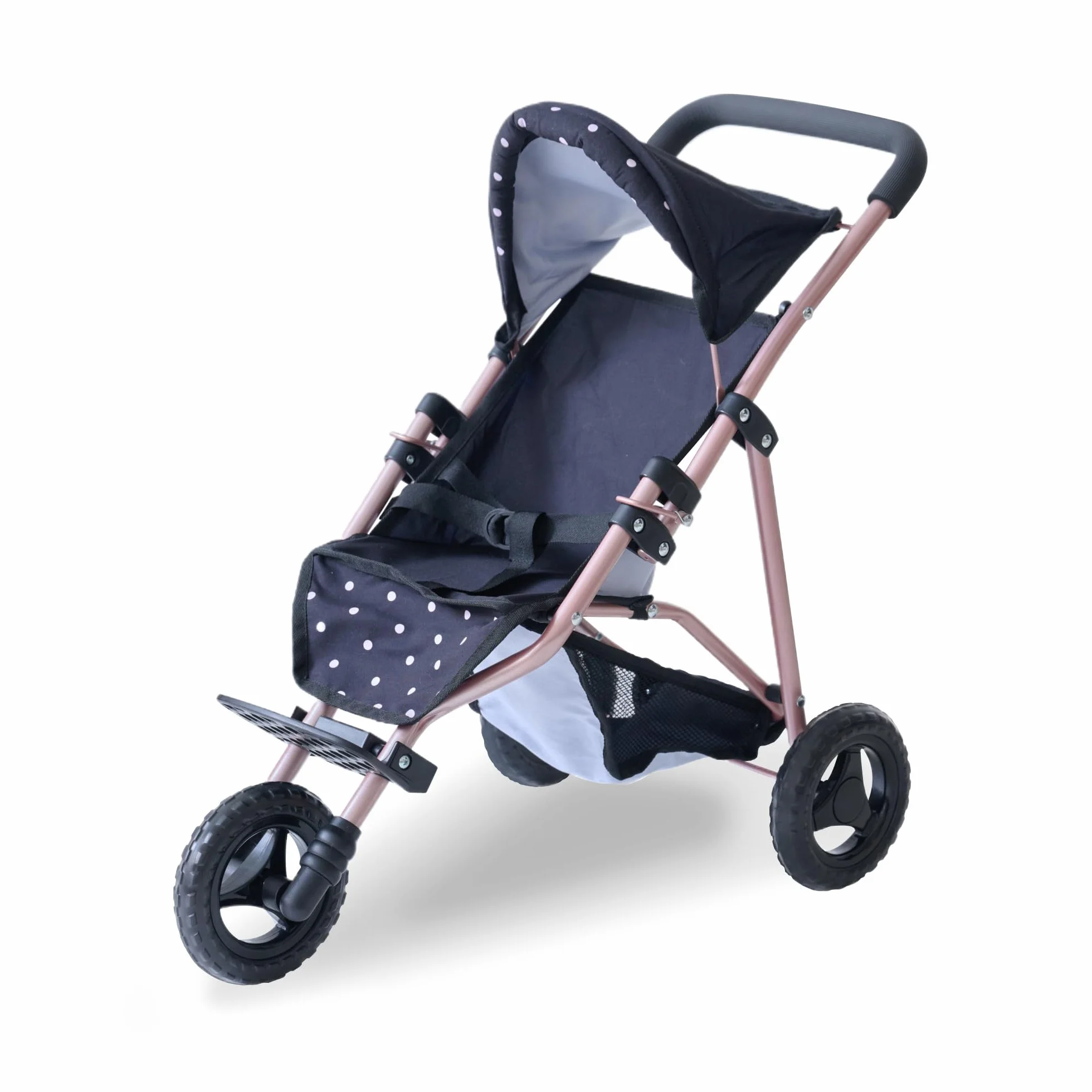 Teamson Kids Cochecito de muñecas Jogging Negro con Lunares Rosas, Capota Ajustable, Arnés, Cesta y Mango Suave
