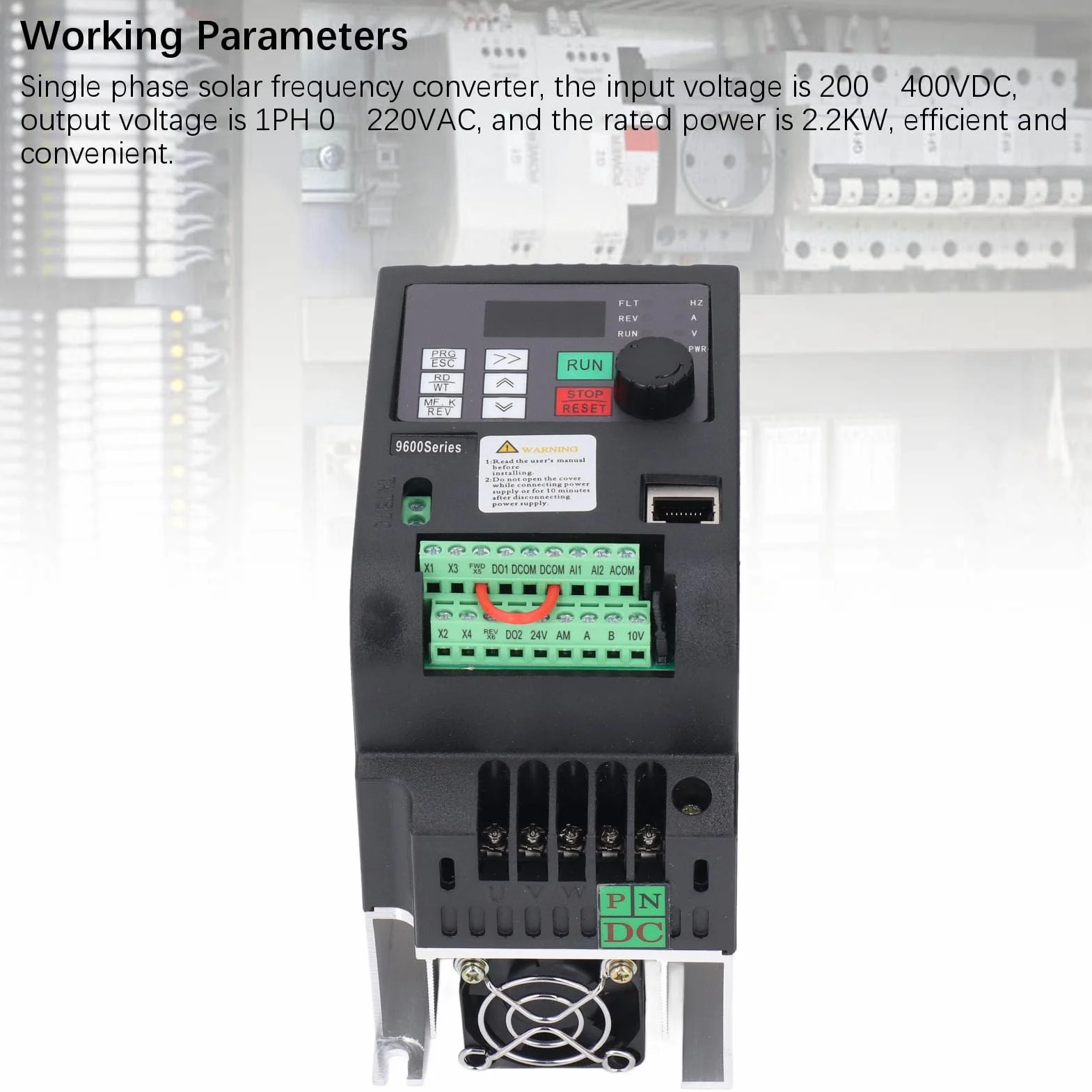 Inversor Solar Monofásico 2.2KW, Control de 8 Velocidades Entrada 200‑400VDC Salida 0‑220VAC Variador de Frecuencia con Controlador MPPT y Ventilador de Enfriamiento 24V DC