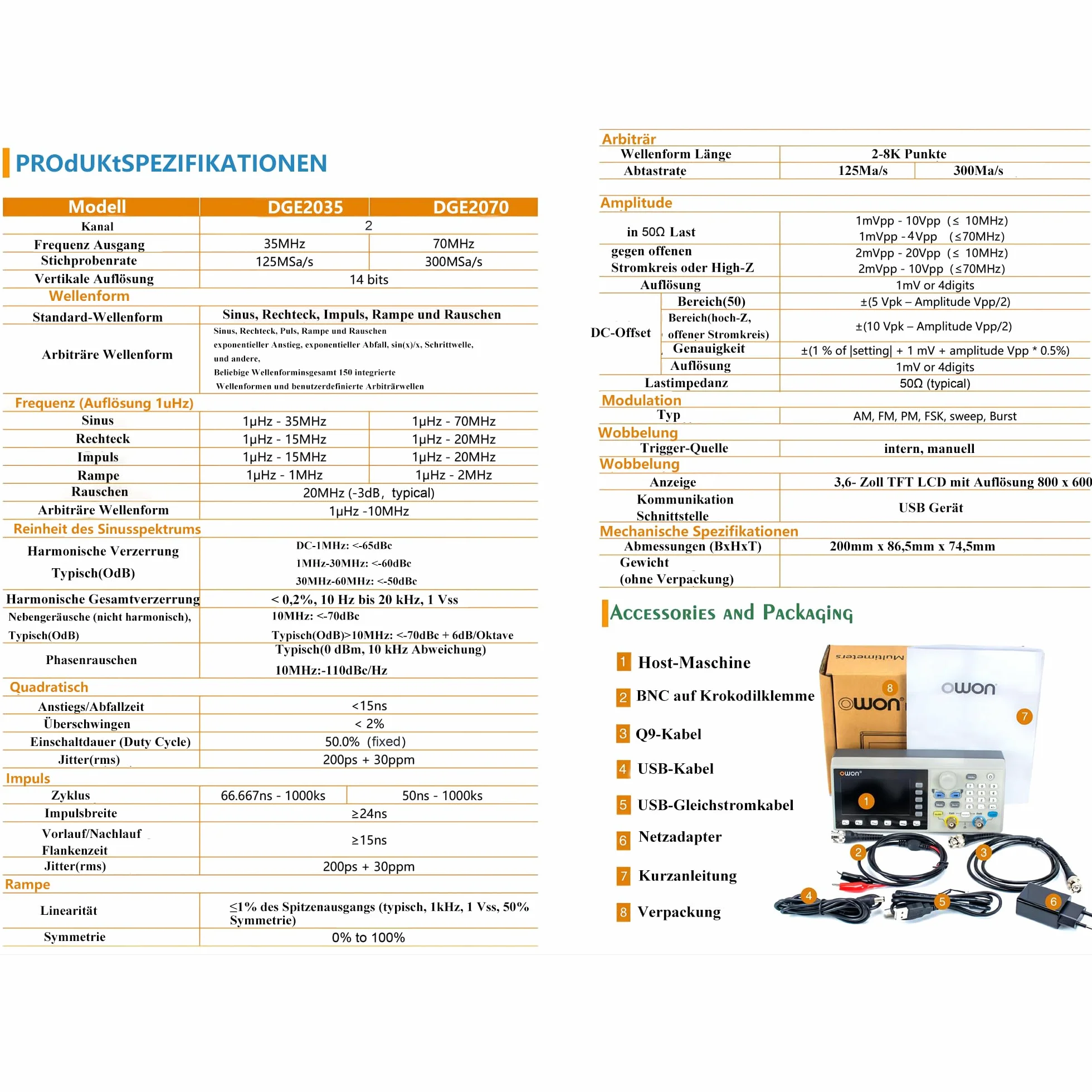OWON DGE2070 - Generador de funciones de 2 canales para medición, pruebas y desarrollo, 70 MHz, 300 MSa/s, 14 bits, SCPI y control de PC