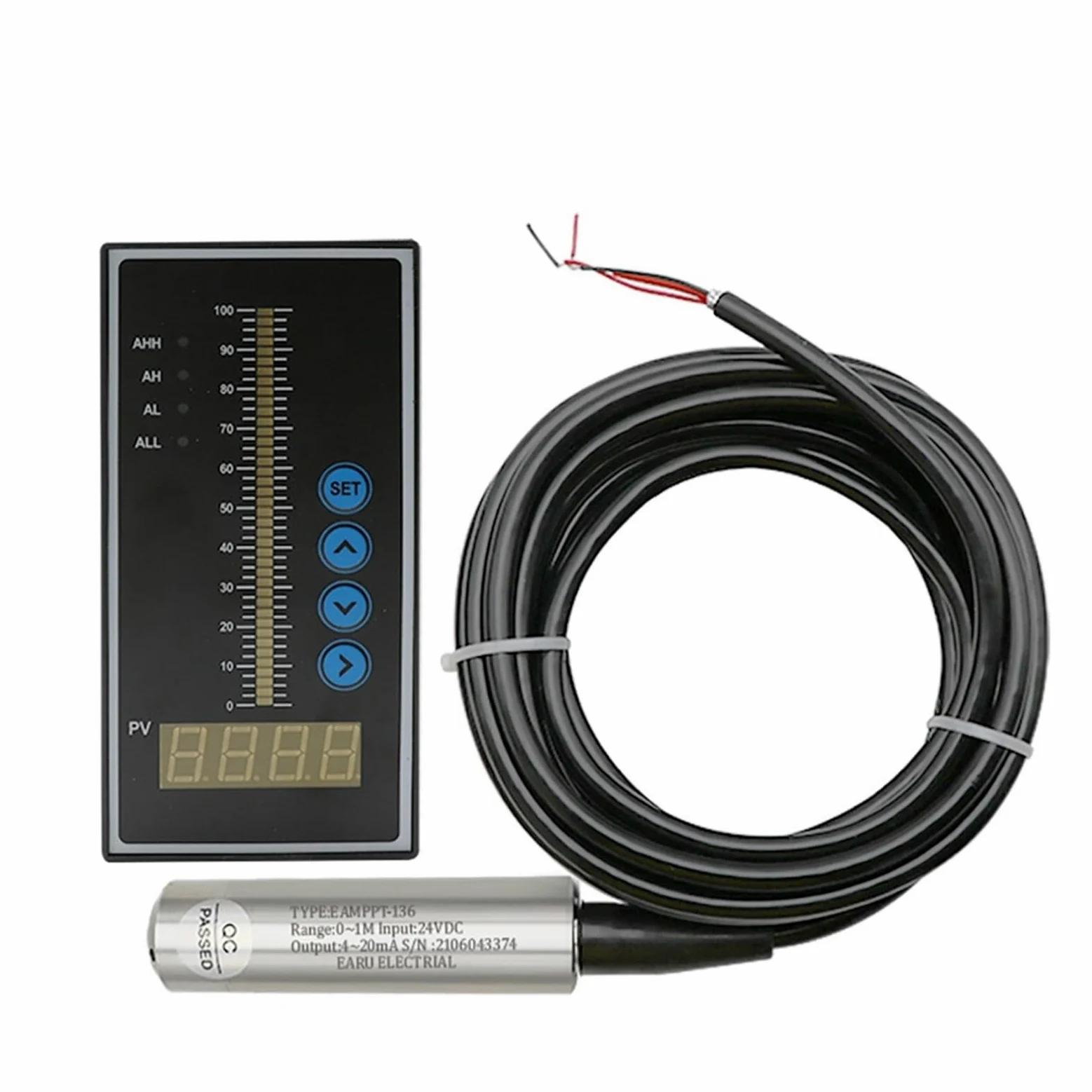 Sensor de presión de agua 1 juego de sensor de nivel de agua y aceite líquido integral con salida de 4-20 mA, transmisor de detección con controlador, interruptor de flotador y bomba(T80 Controller)