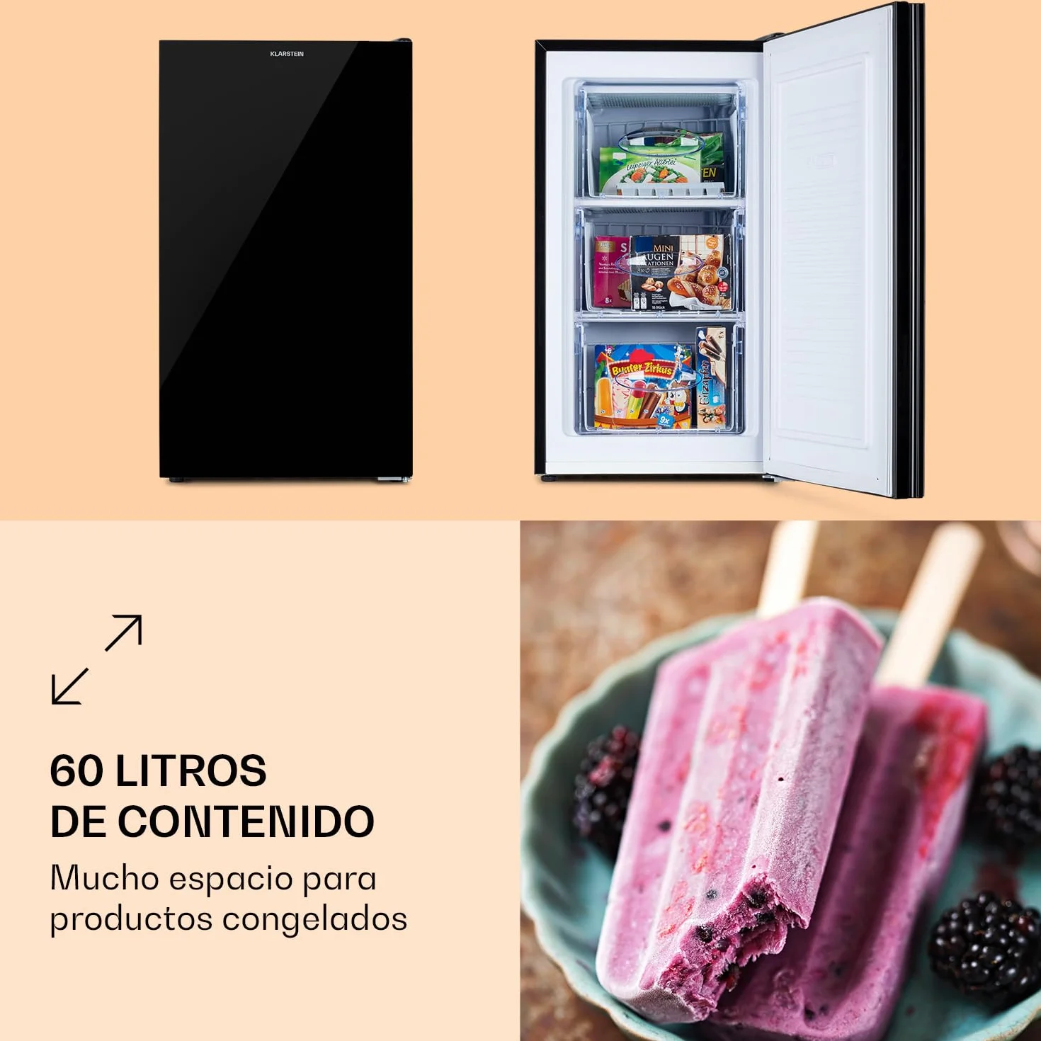 Klarstein Pluto congelador puerta frontal 60 litros -18 °C negro