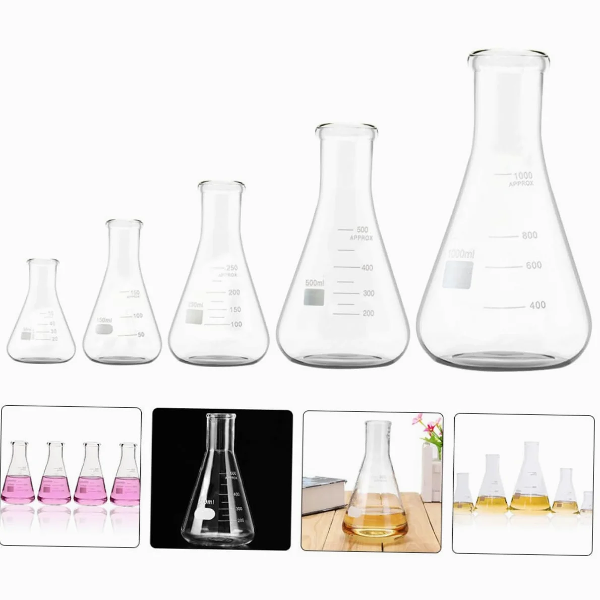 Anneome Matraz Cónico de Vidrio de Borosilicato 5 Piezas para Laboratorio | Boca Estrecha, Fondo Plano y Graduaciones Estándar, 50ml a 1000ml, Uso en Educación