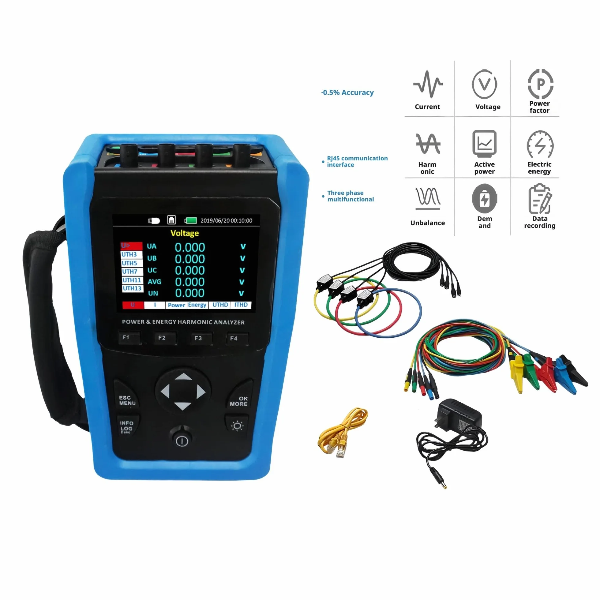 Analizador de calidad energía ME440 Instrumento prueba red eléctrica portátil: voltaje, corriente, potencia, trifásica Para aplicaciones industriales(Host 36mm coil 20 600A)