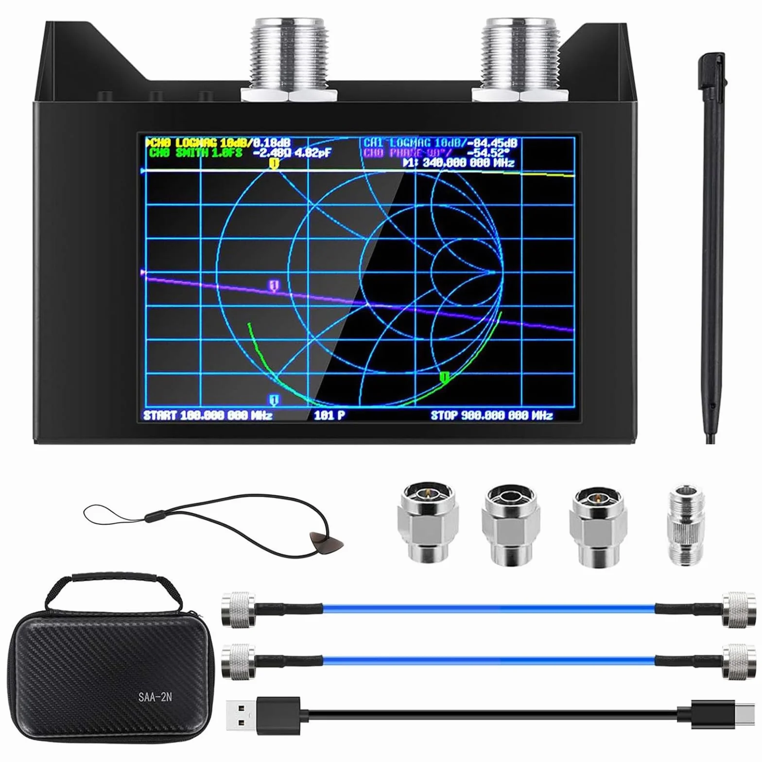 AURSINC NanoVNA SAA-2N V2.2 Analizador vectorial de redes, 50KHz-3GHz 4" Pantalla táctil HF VHF UHF Analizador de antenas VNA, Medición de parámetros S, dúplex, VSWR, fase, retardo
