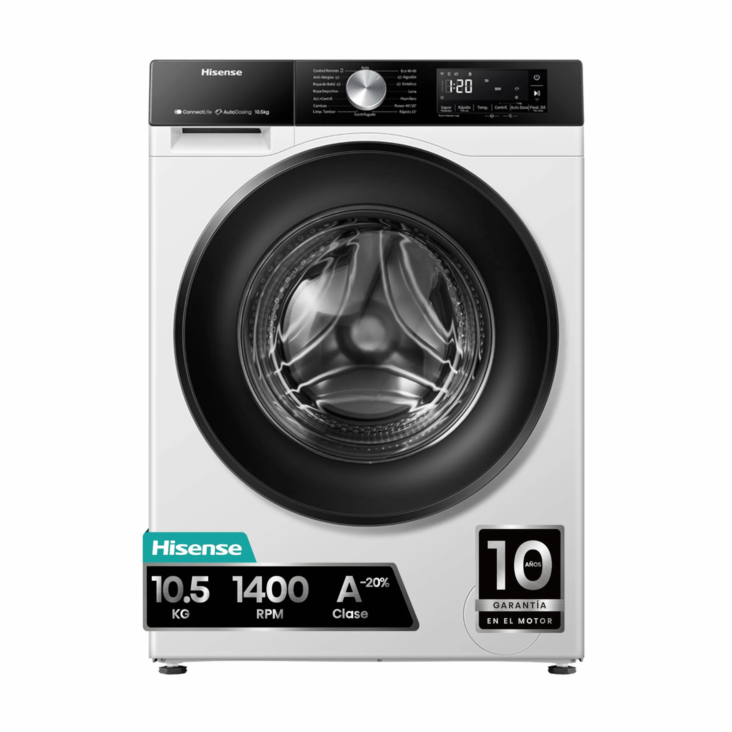 Hisense WF3S1045BW3 Lavadora 10.5 kg Clase A WiFi Auto Dosificación Hygiene Guard Vapor 99.9% Blanco