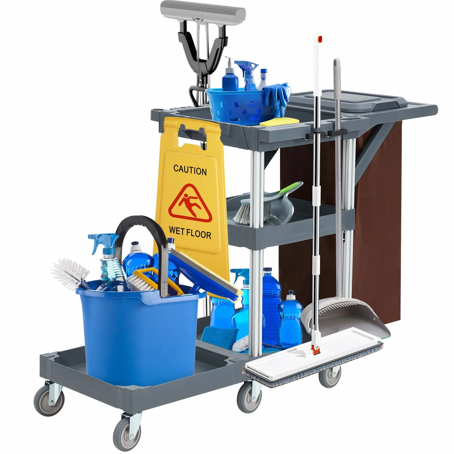 Carro de Limpieza Comercial,Carro Limpieza Profesional para Hoteles y Hospitales con Estantes, Carro de Servicio con 6 Ruedas y Bolsa de Vinilo para Oficina y Hotel, Capacidad de 300 LB